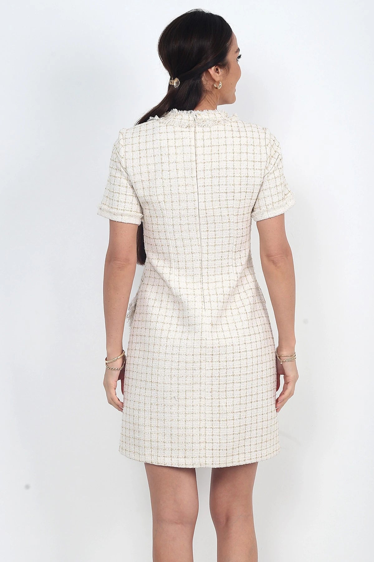 Image of Women's Button Detail Short Sleeve Tassel Chanel Short Dress