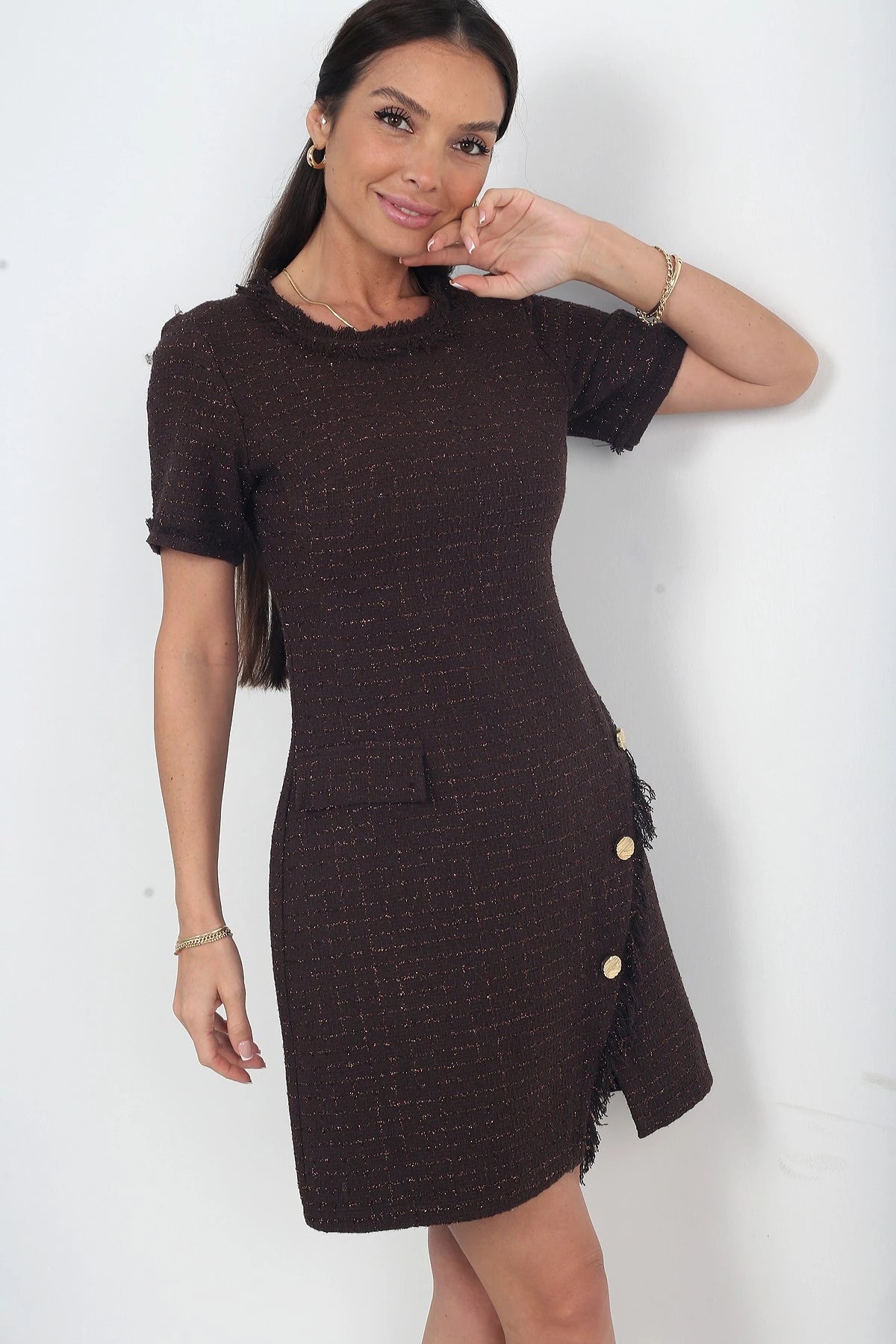 Image of Women's Button Detail Short Sleeve Tassel Chanel Short Dress