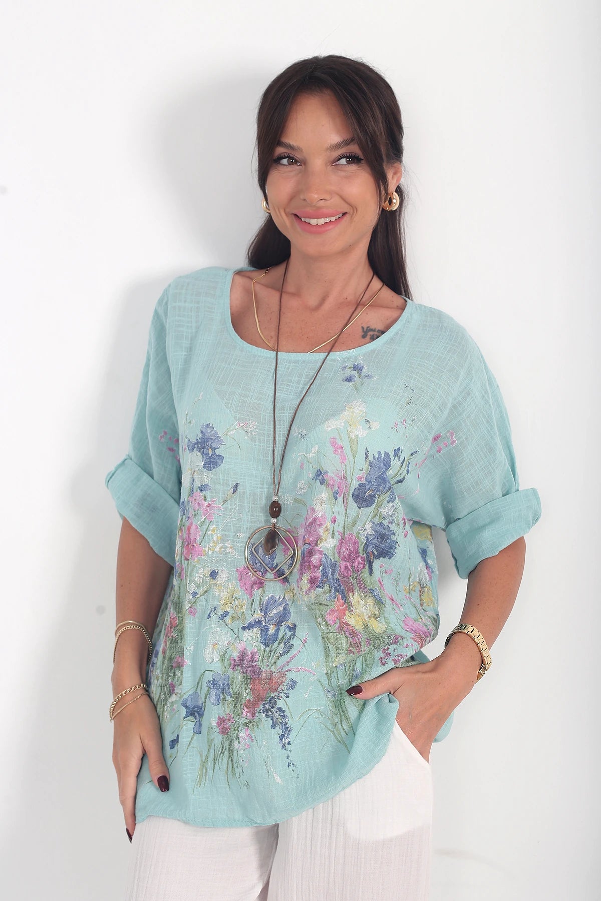 Image of Kadın İtalyan Cotton Çiçek Desenli Oversize Bluz