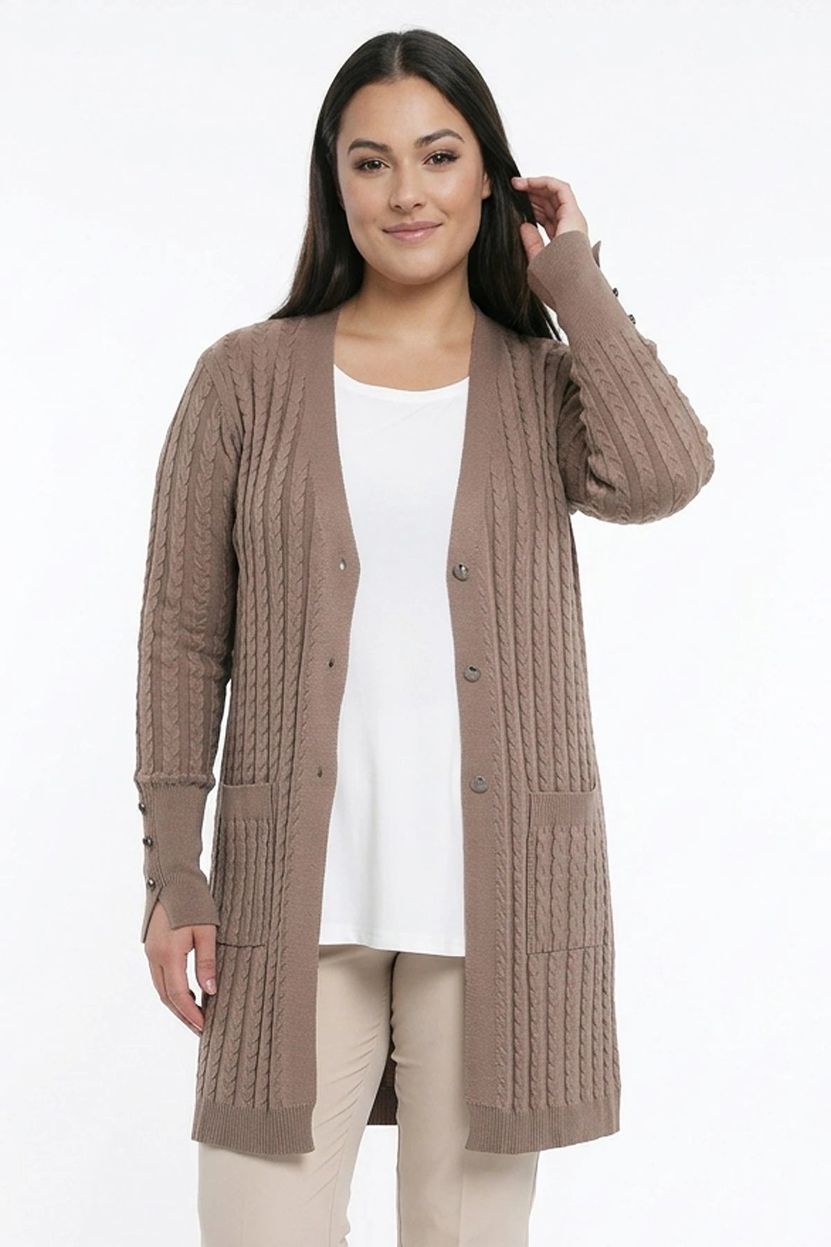 Image of Women's Cable Knit Mercerized Lycra Plus Size Cardigan