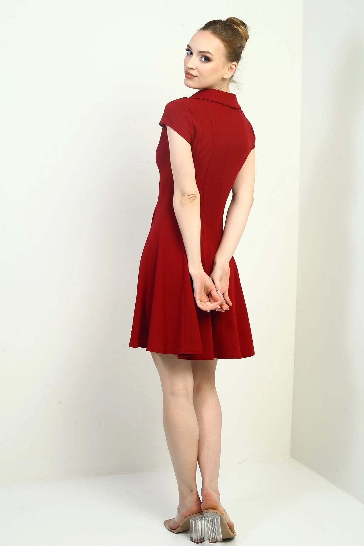 Image of Women's Polo Collar Long Sleeve Lycra Flared Short Dress
