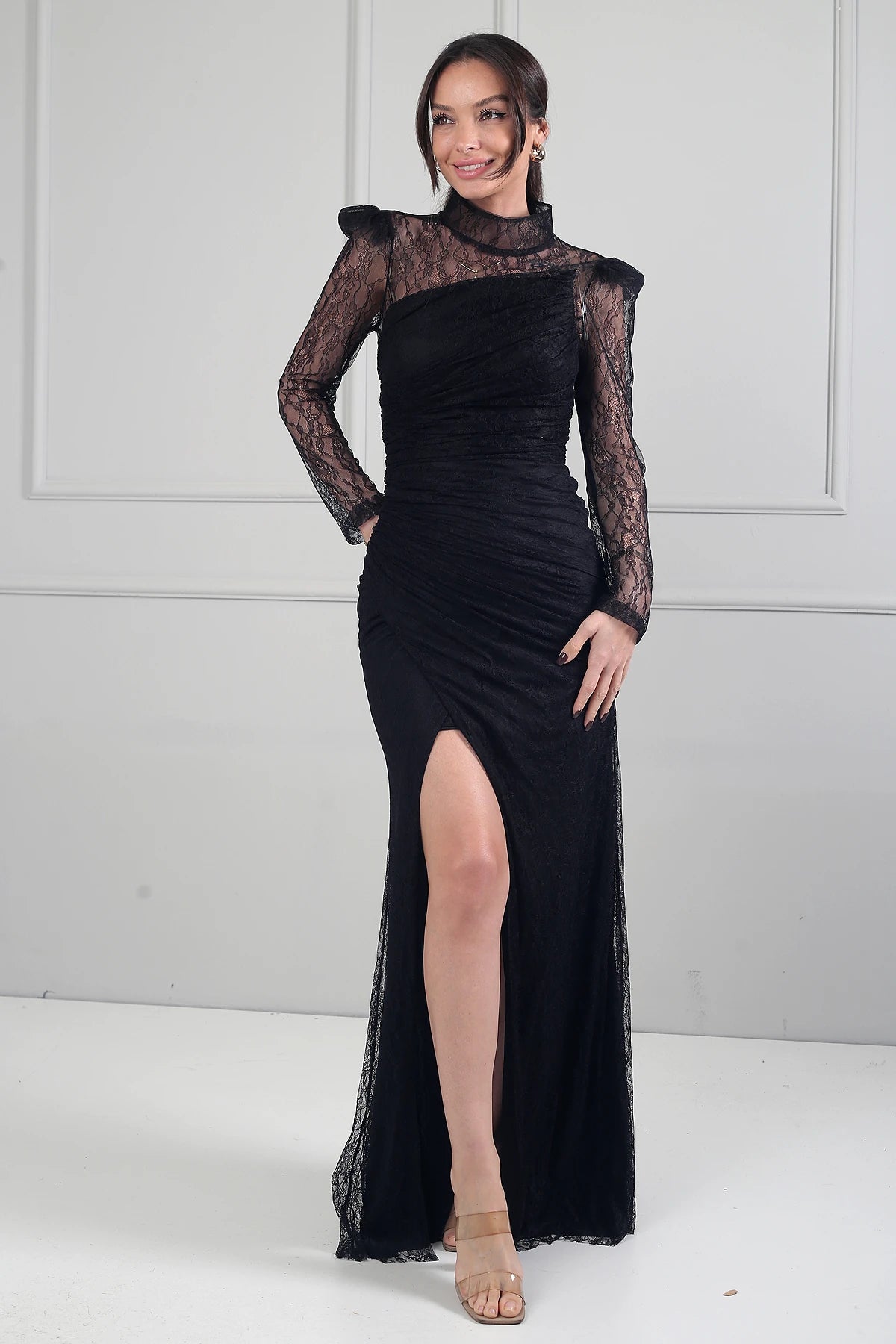 Image of Kadın 3 Parçalı Tasarım Abiye Straplez Önü Büzgülü Astarlı Uzun Elbise Dik Yaka Dantel Bluz