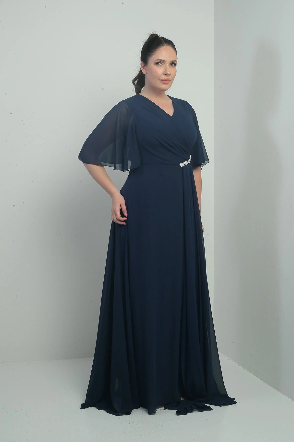 Image of Women's V-Neck, Waistband with Stone Embellishment, Draped, Lined, Plus Size Long Chiffon Dress