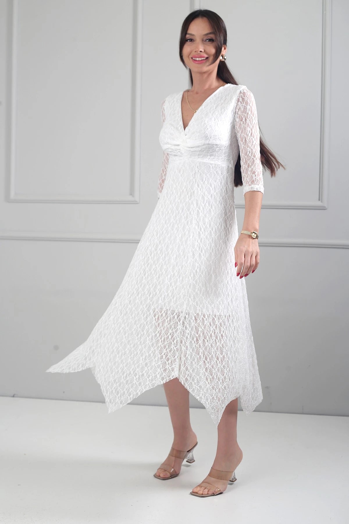 Image of Women's Asymmetrical Lace Midi Dress with Front Knot Detail and Lined Skirt