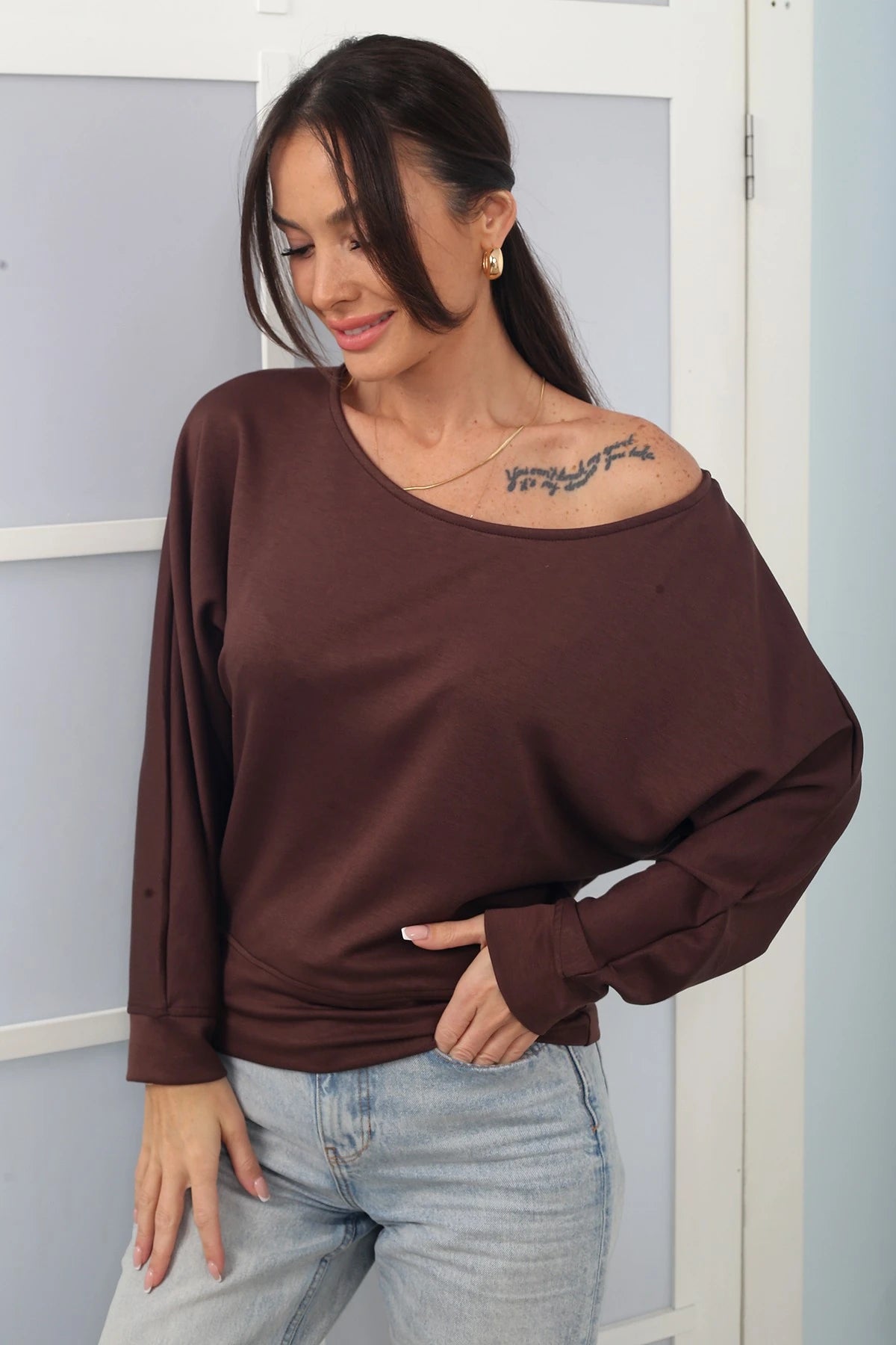 Image of Kadın Kayık Yaka Uzun Yarasa Kollu Modal Sweat