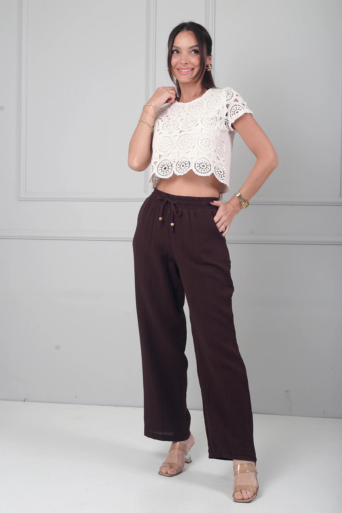 Image of Kadın Beli Lastikli Cepli Müslin Bol Paça Pantolon
