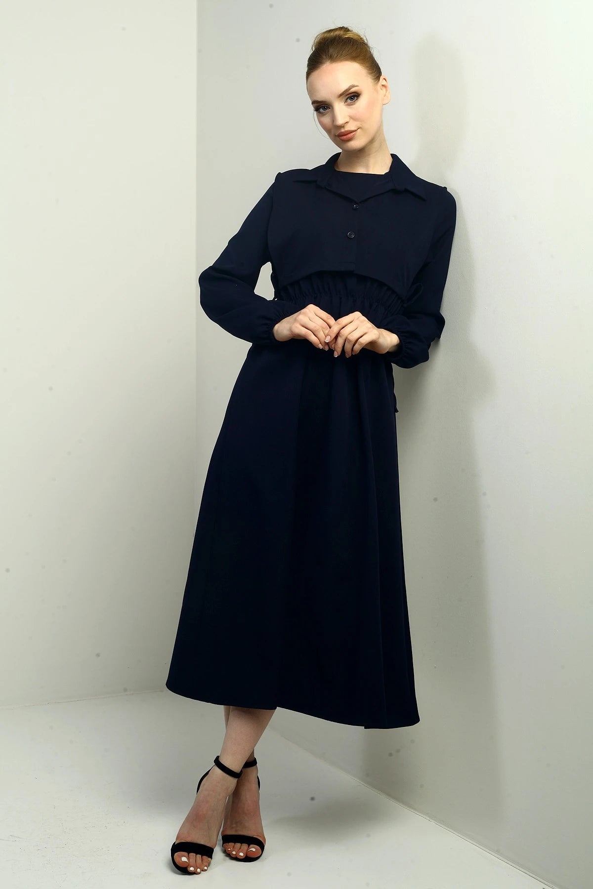 Image of Women's Button-Down Detachable Vest, Elastic Waist, Long-Sleeved Midi Dress