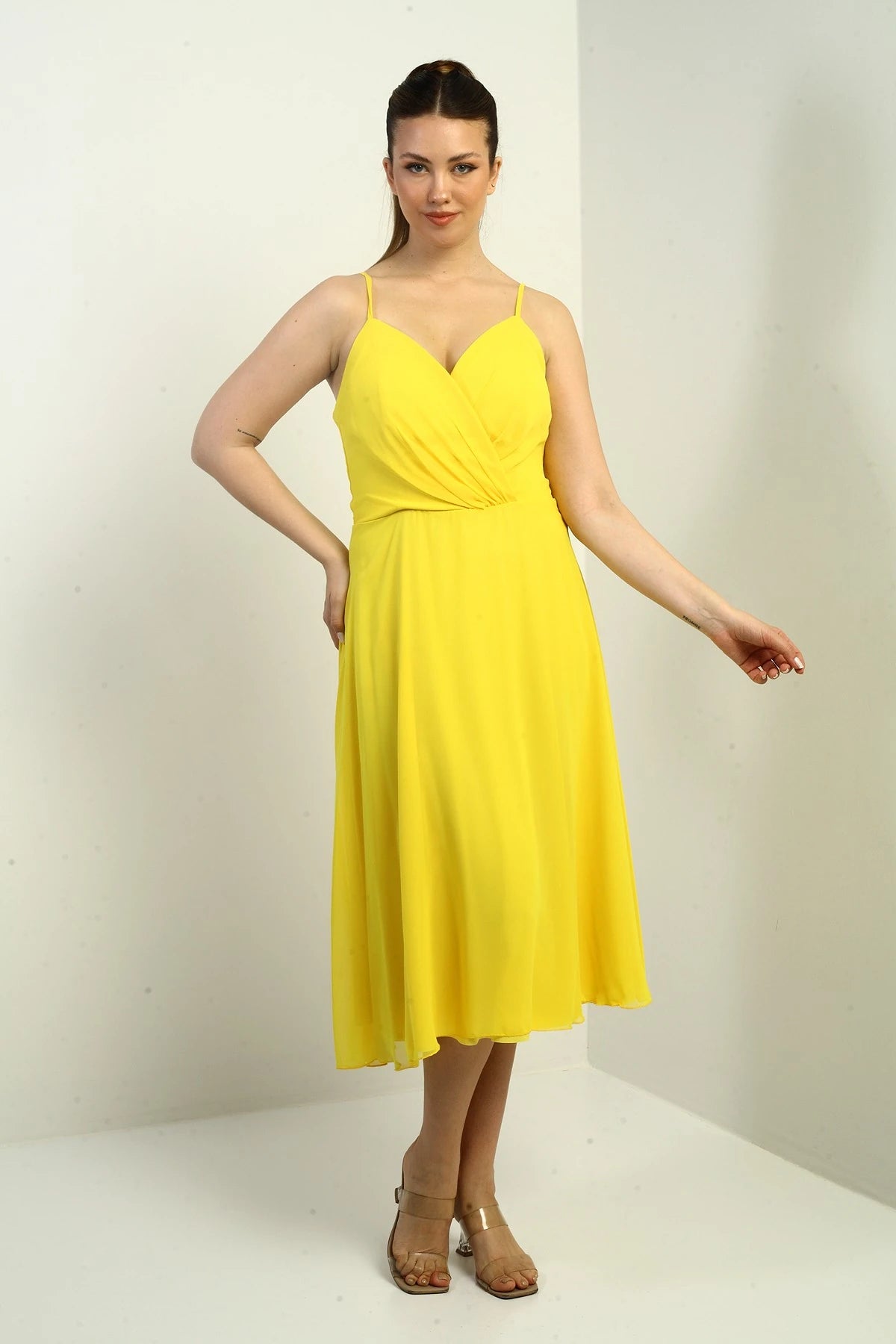 Image of Women's Strappy Wrap Neckline Lined Lace-Up Back Flared Chiffon Dress