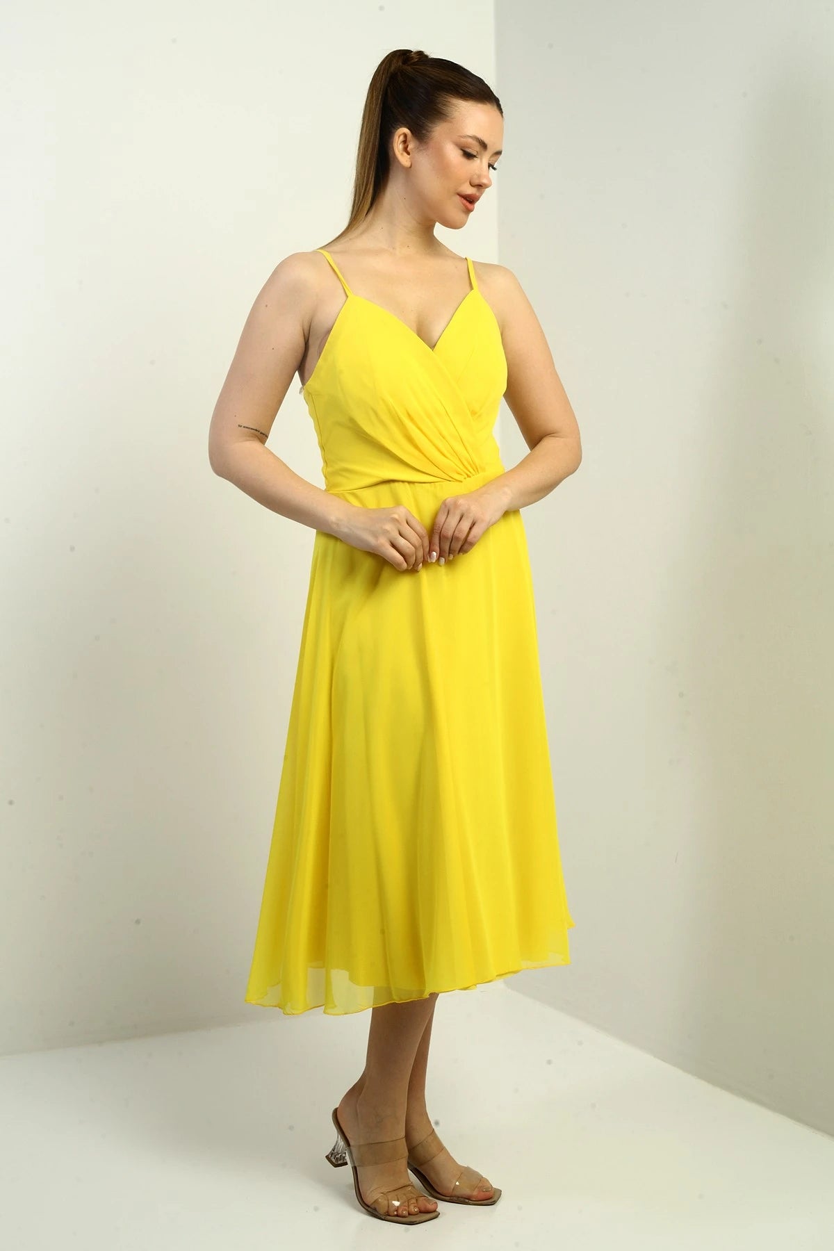 Image of Women's Strappy Wrap Neckline Lined Lace-Up Back Flared Chiffon Dress