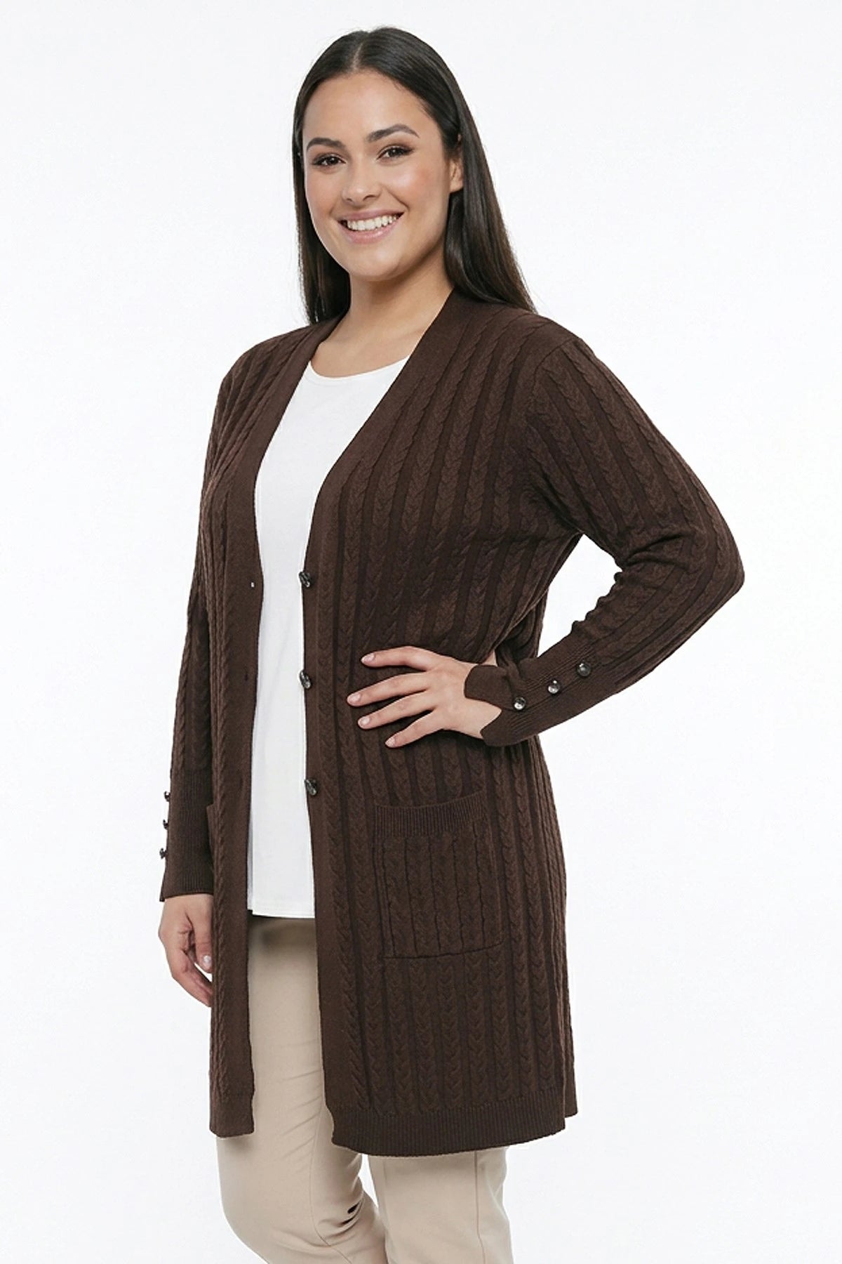 Image of Women's Cable Knit Mercerized Lycra Plus Size Cardigan