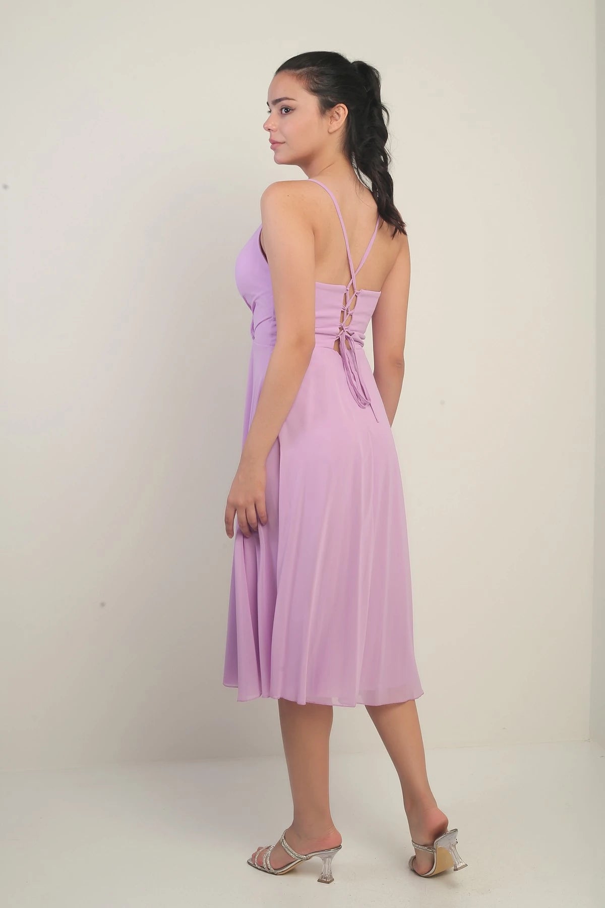 Image of Women's Strappy Wrap Neckline Lined Lace-Up Back Flared Chiffon Dress
