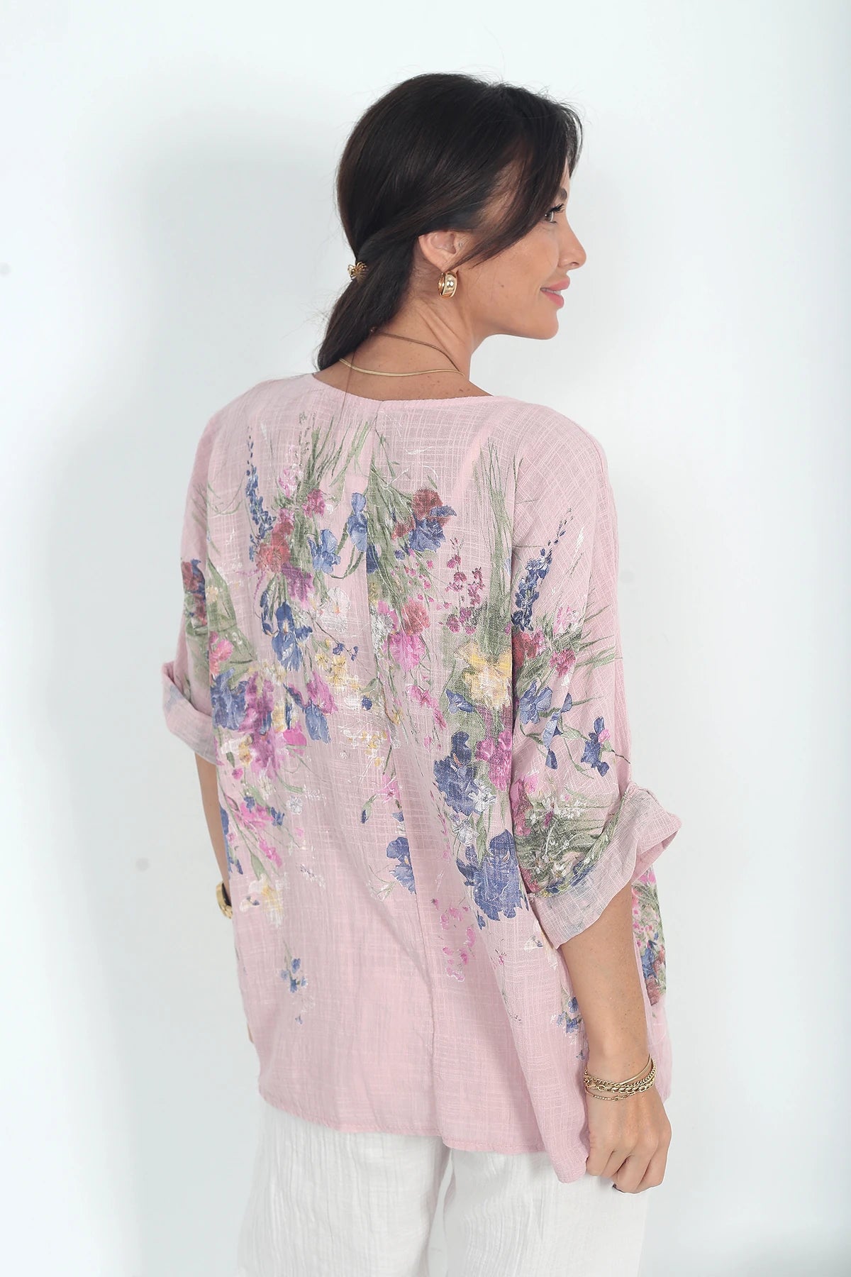 Image of Kadın İtalyan Cotton Çiçek Desenli Oversize Bluz