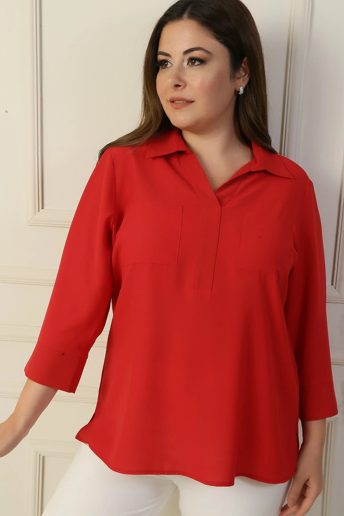 Image of Polo Collar Pocketed Quarter Sleeve BB Blouse