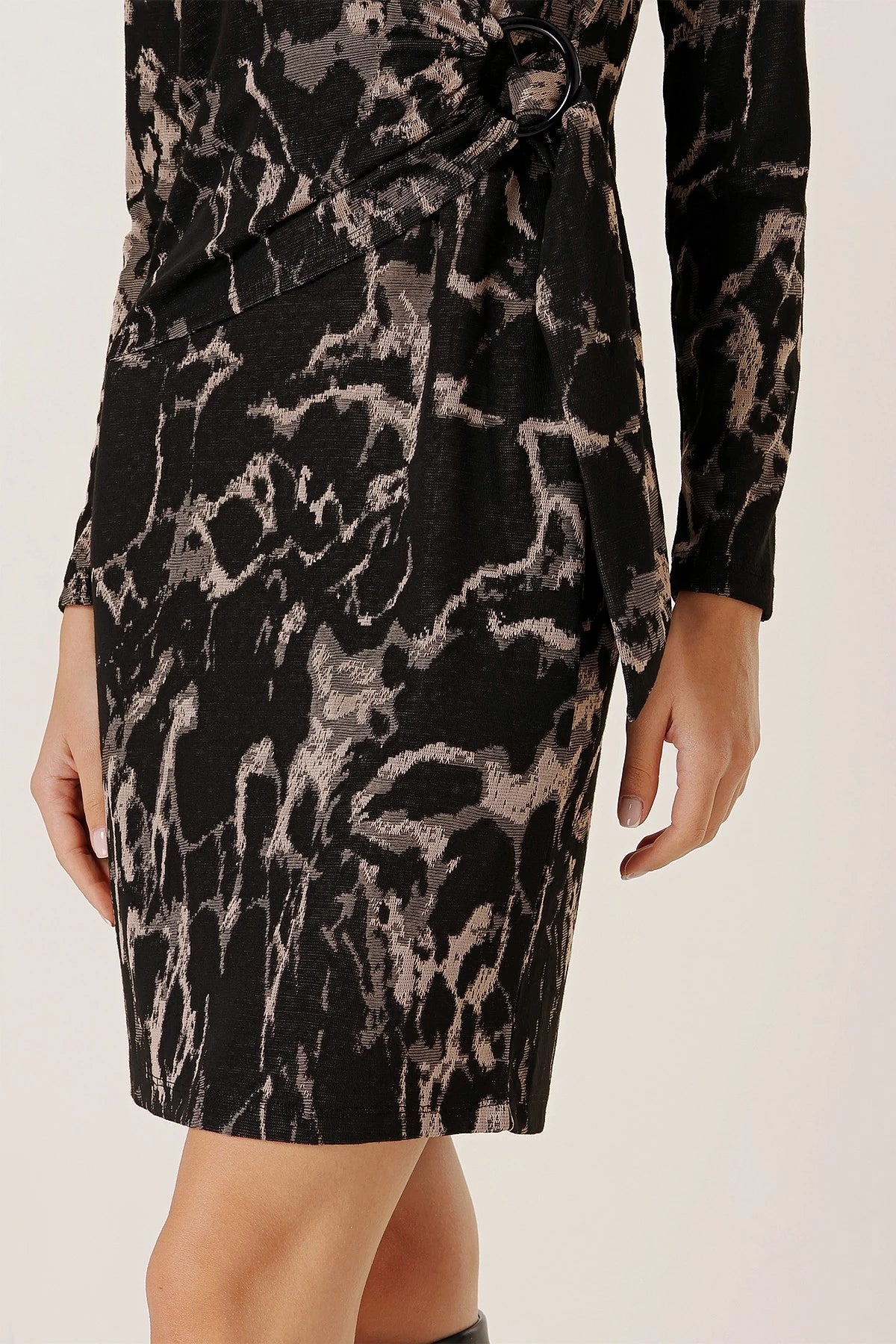 Image of Wrap Neck Buckle Detail Patterned Lycra Dress