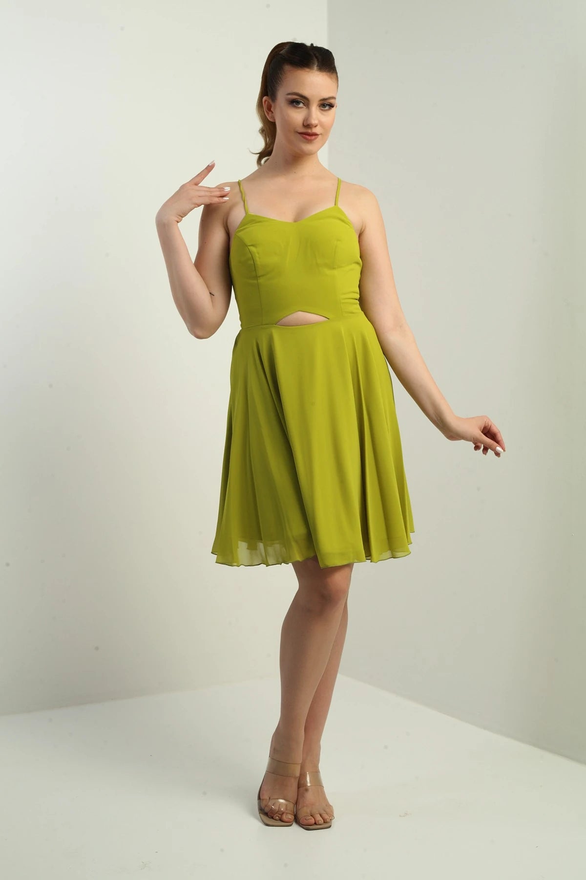 Image of Women's Strappy, Back-Tie, Front-Opening, Lined Chiffon Short Flared Dress