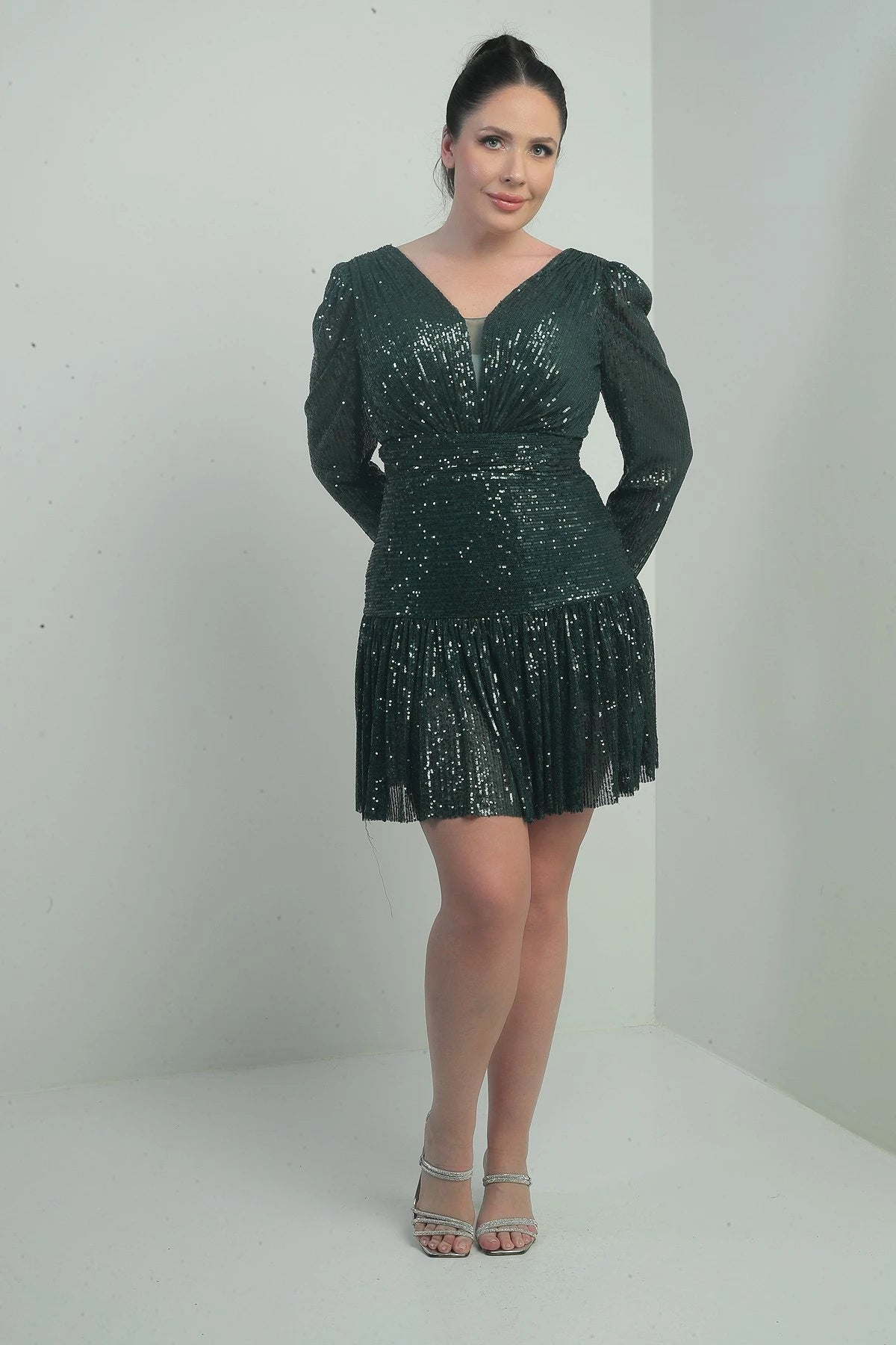 Image of Women's Front and Back V-Neck Lined Draped Long Sleeved Plus Size Sequin Dress