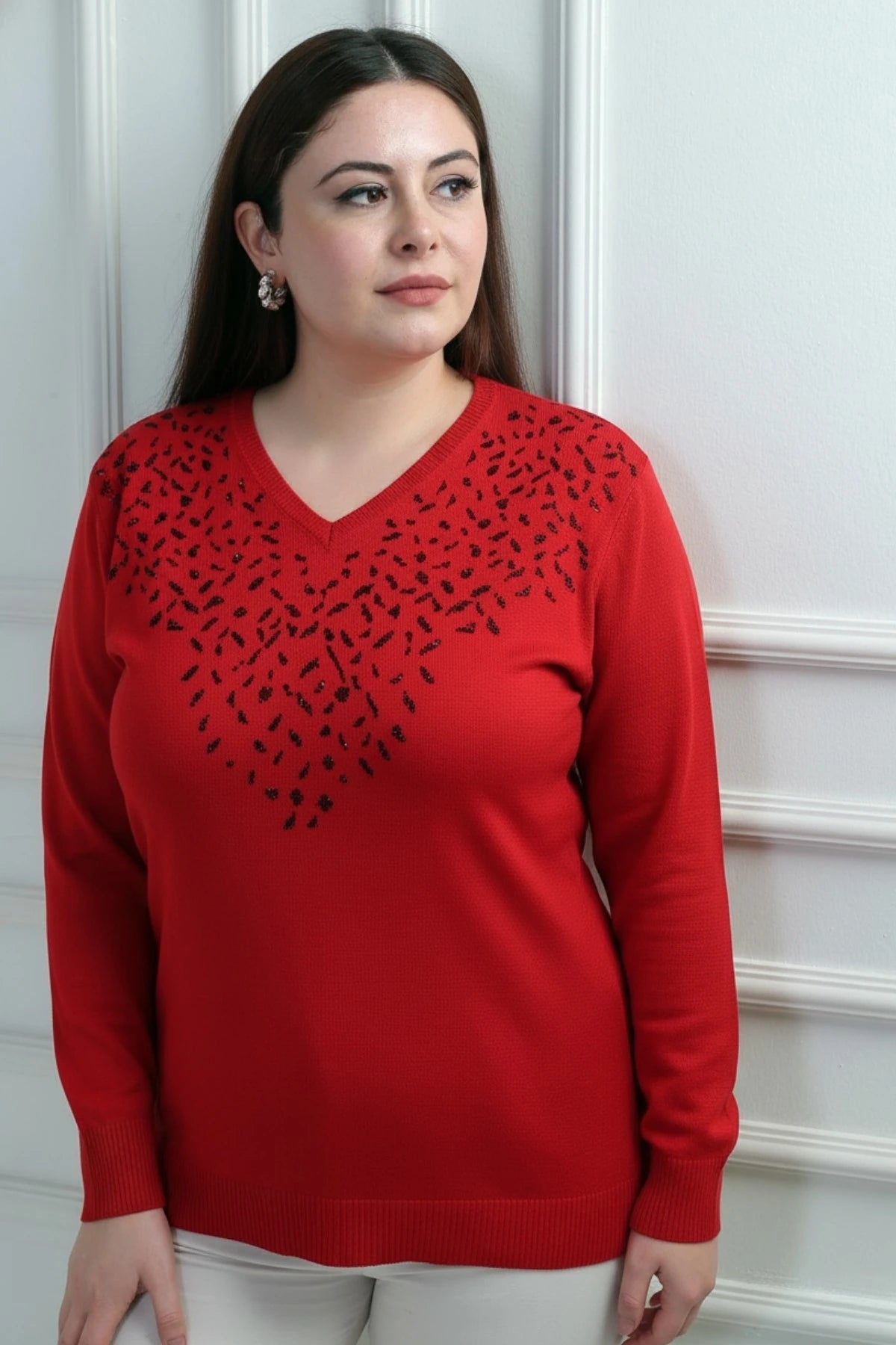 Image of Women's V-Neck Plus Size Knitted Blouse with Glitter Detail on the Front
