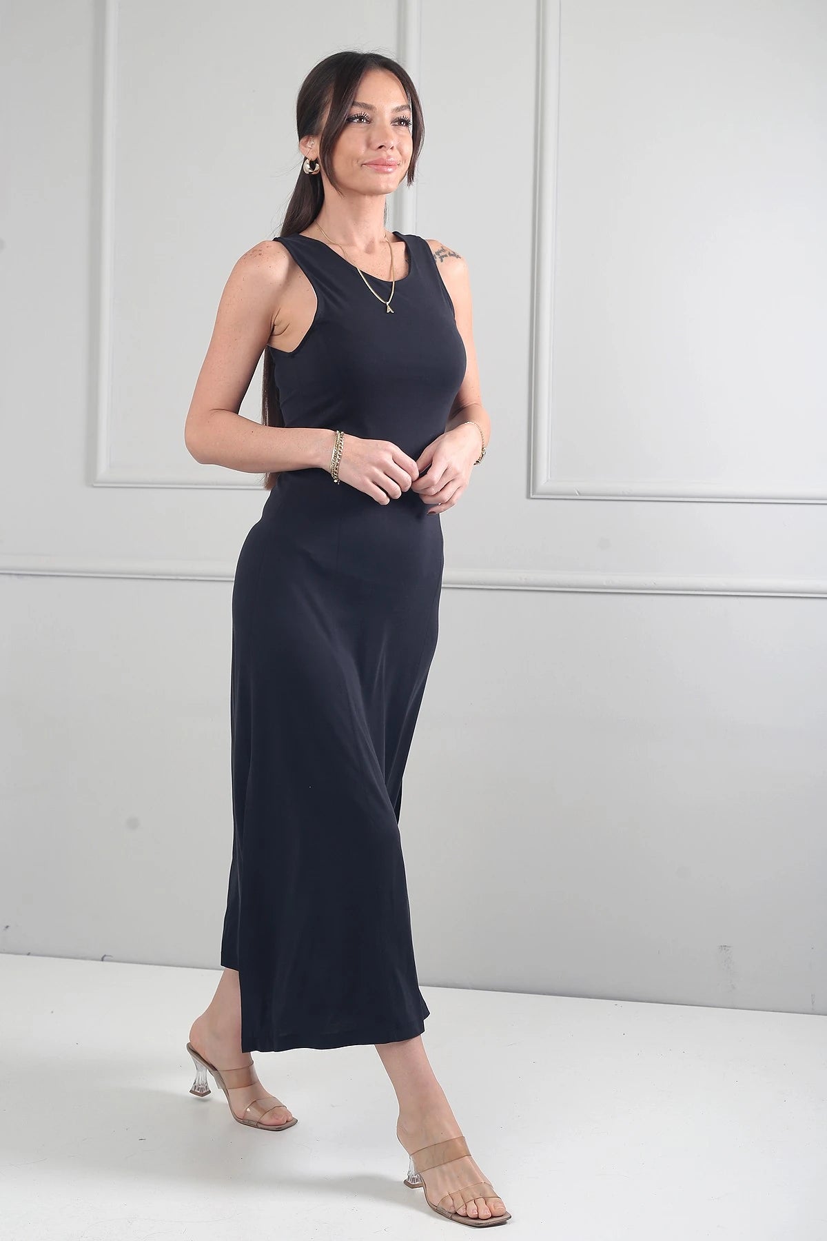 Image of Women's Round Neck Long Dress with Side Slits and Lycra Fabric