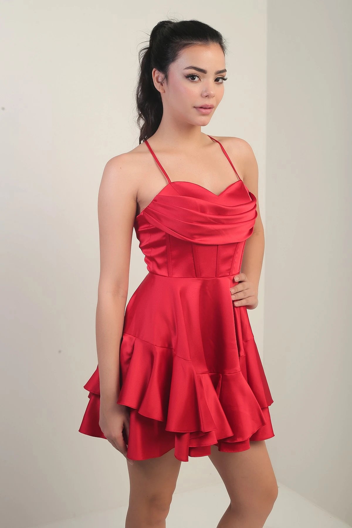 Image of Women's Strappy Back Tie Underwired Short Satin Dress with Layered Lining