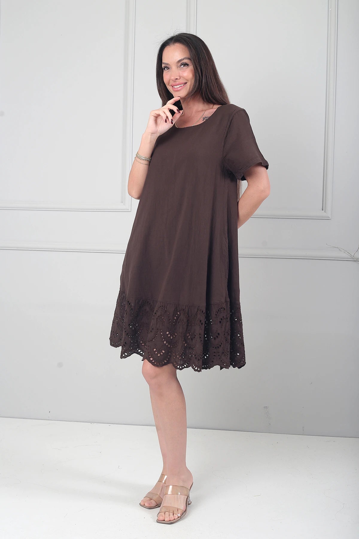 Image of Kadın İtalyan Kısa Kollu Eteği Fisto Astarlı Cepli Cotton Midi Elbise