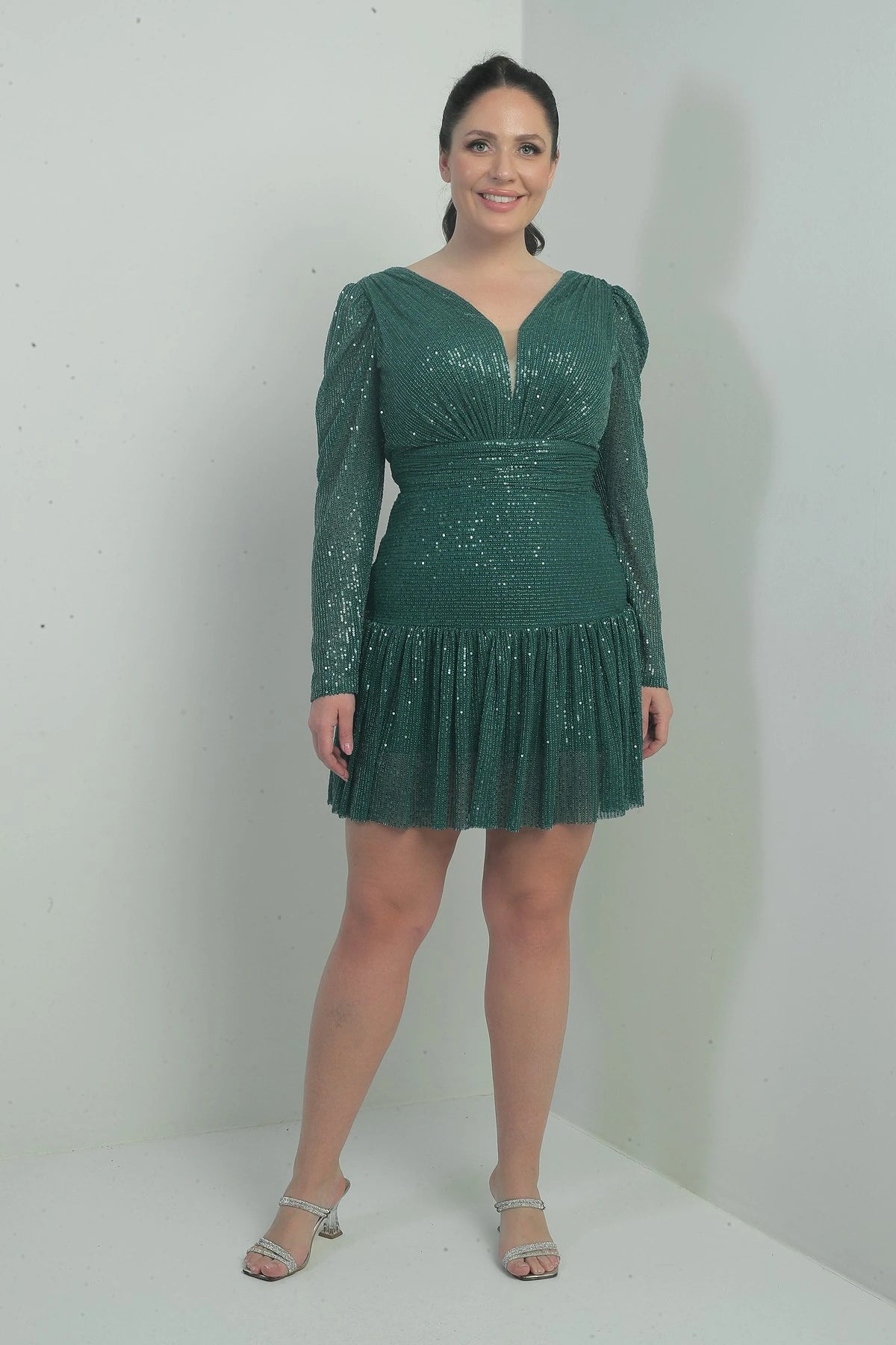 Image of Women's Front and Back V-Neck Lined Draped Long Sleeved Plus Size Sequin Dress