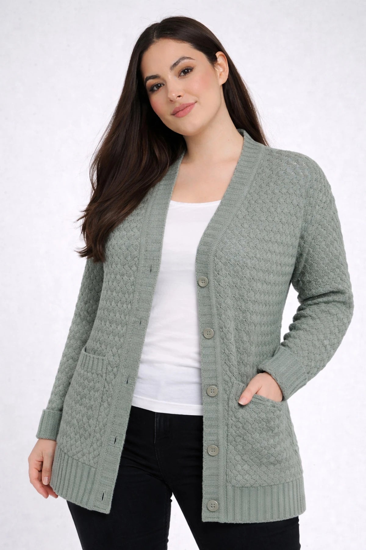 Image of Women's Basket Weave Pattern Pocketed Tunic Cardigan