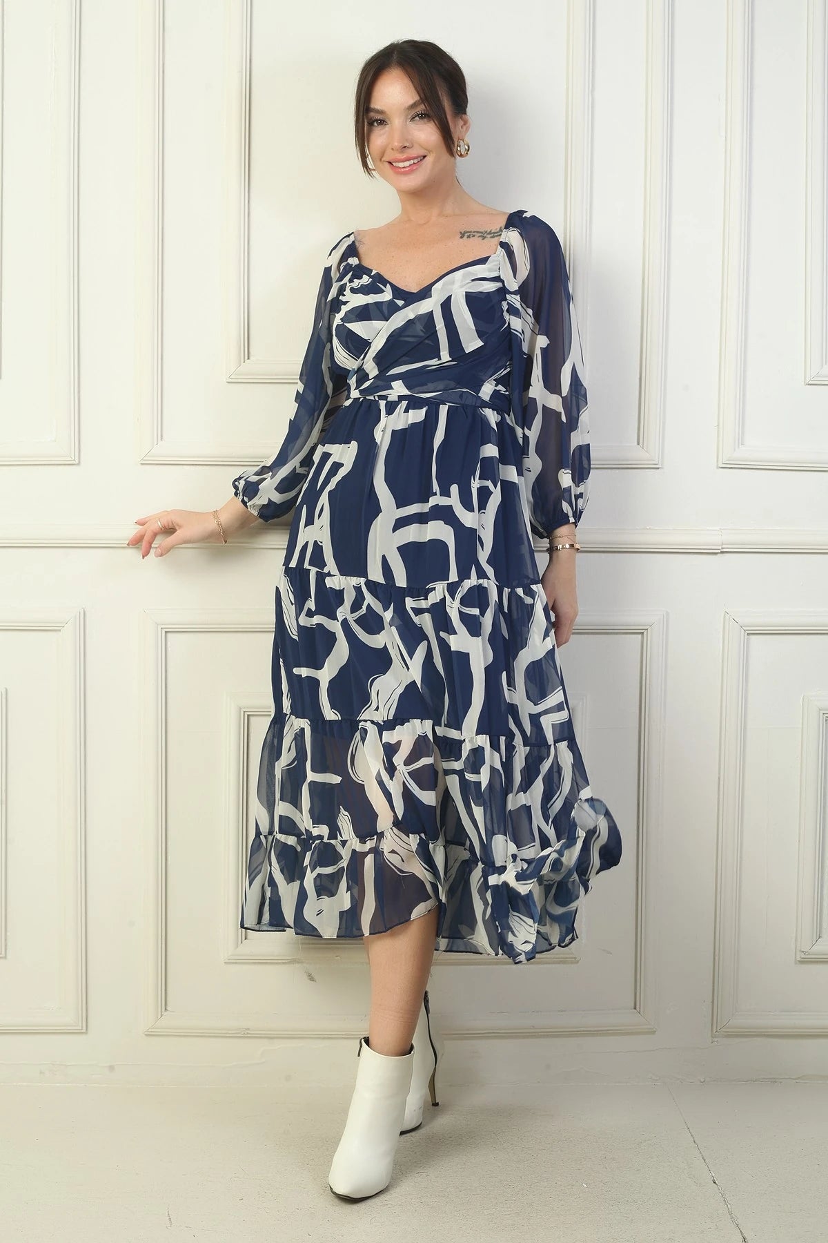 Image of Madonna Neckline Lined Cross-Tie Abstract Pattern Wrap Chiffon Dress