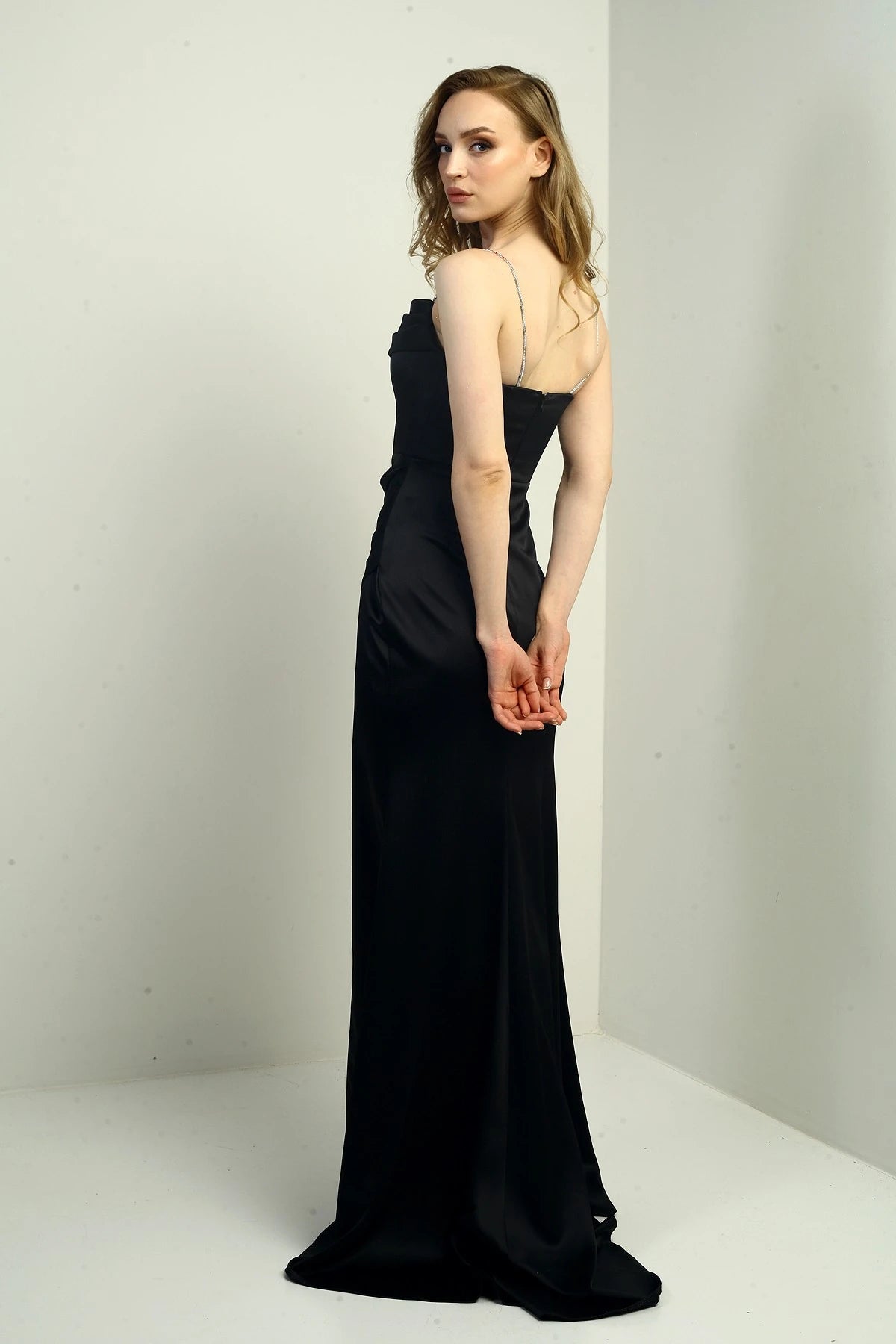 Image of Women's Shiny Strappy Deep Slit Front Gathered Pleated Long Satin Evening Dress