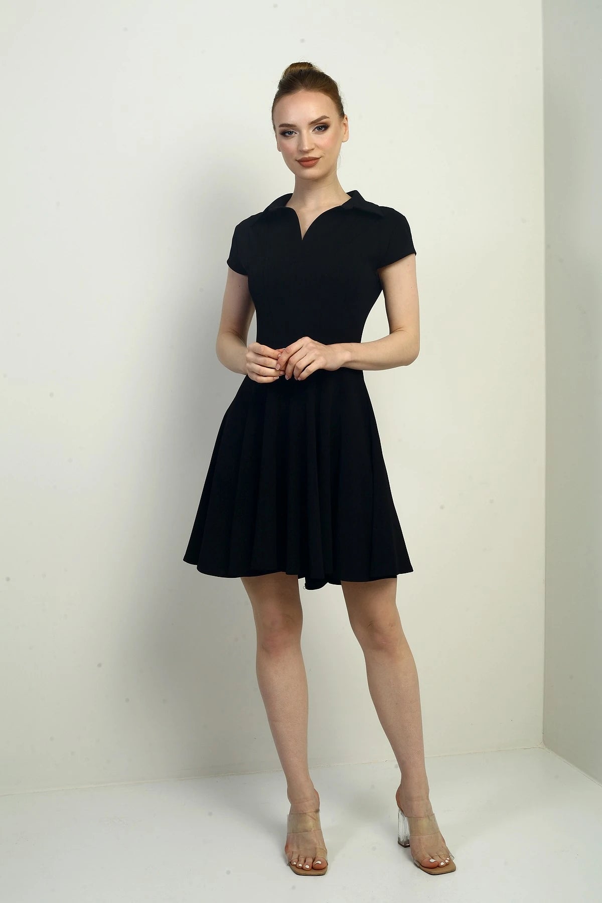 Image of Women's Polo Collar Long Sleeve Lycra Flared Short Dress