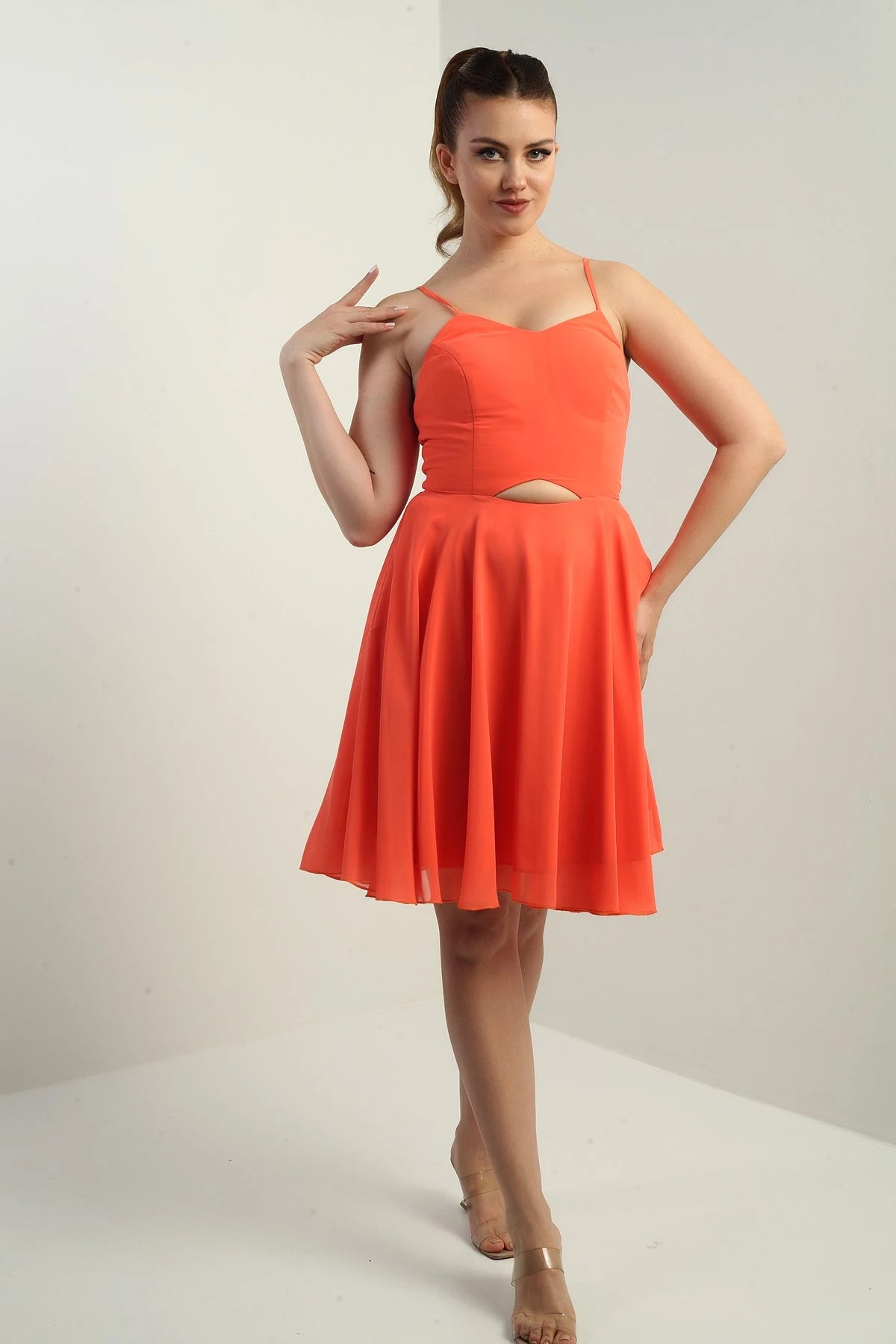 Image of Women's Strappy, Back-Tie, Front-Opening, Lined Chiffon Short Flared Dress