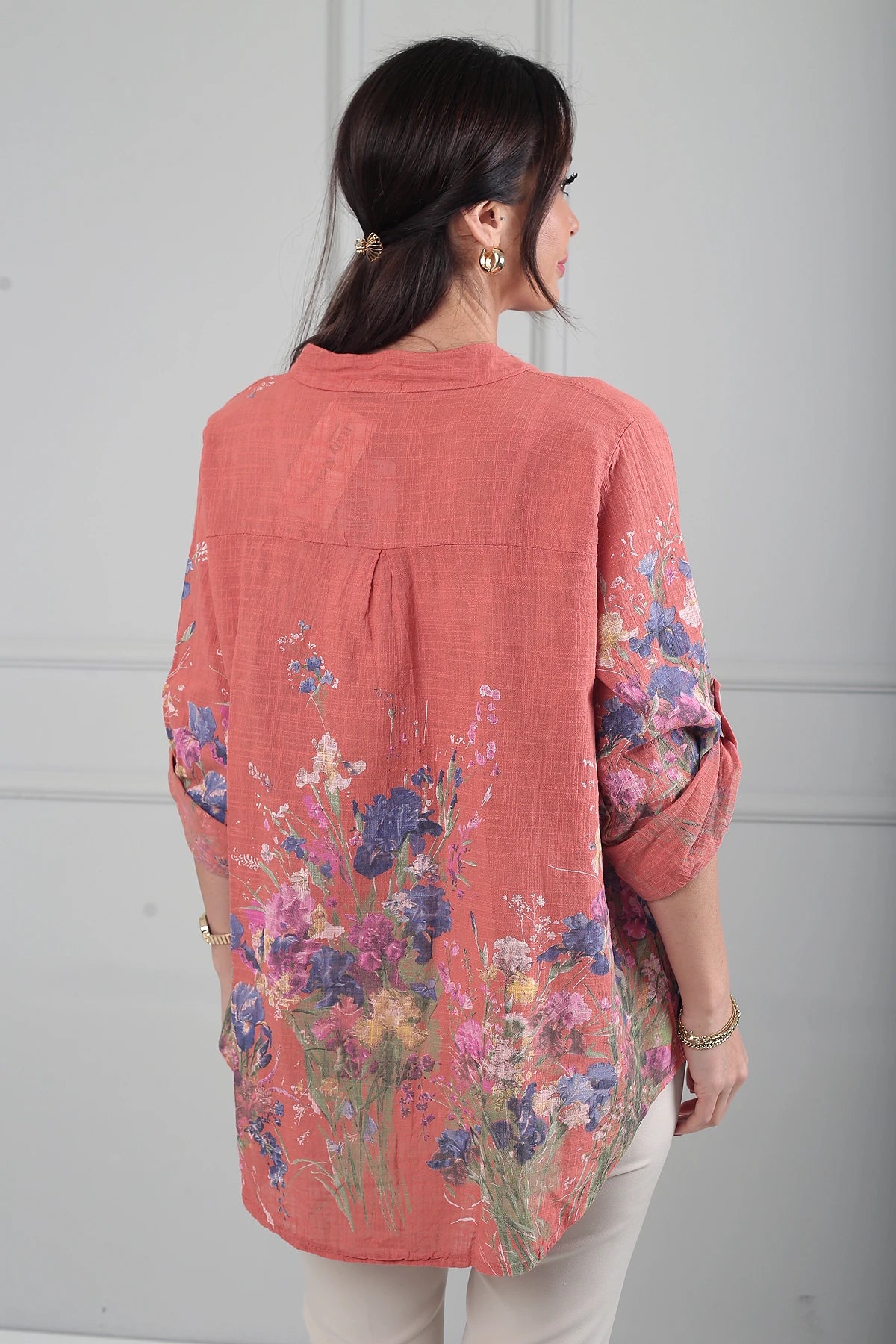 Image of Kadın Çiçek Desenli İtalyan Cotton Oversize Gömlek