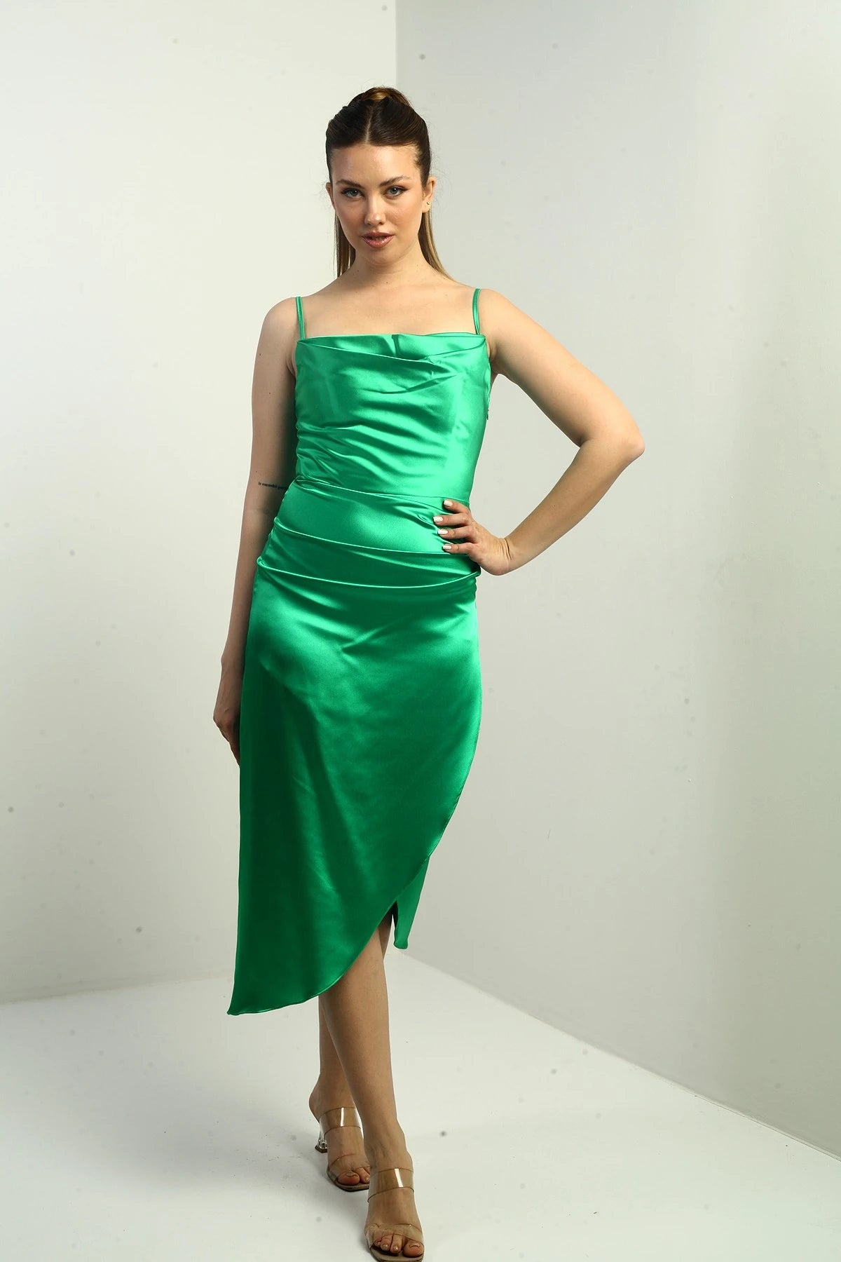 Image of Women's Strappy Draped Lined Asymmetrical Midi Dress