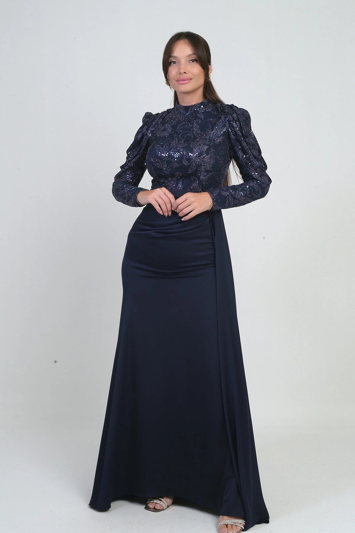 Image of Women's Long Chiffon Dress with Sequin and Glitter Detail on Top and Gathered Skirt, Lined