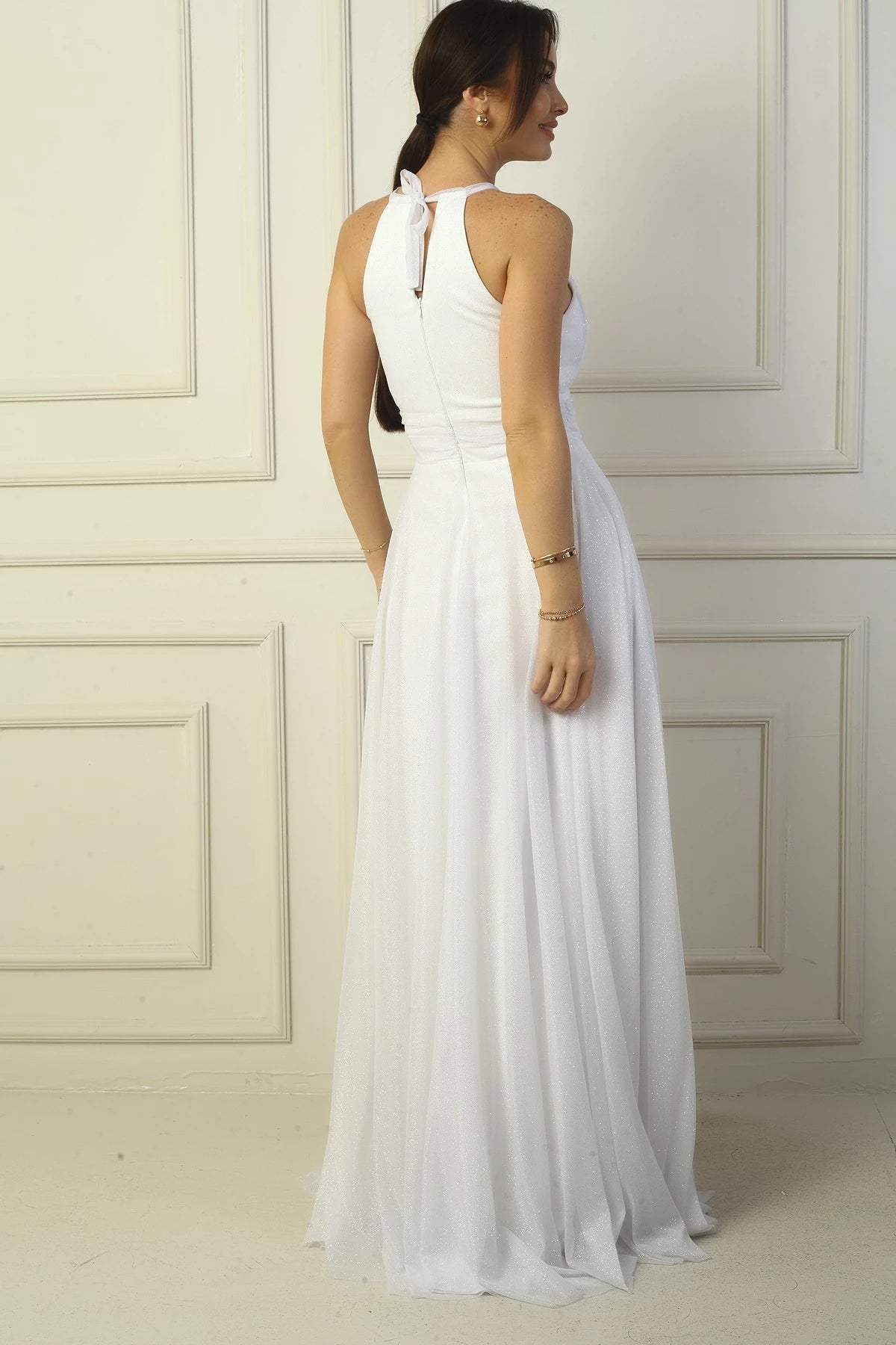 Image of Women's Halter Neck, Pleated Bust, Halter Neck, Lined, Long, Sequin Evening Dress