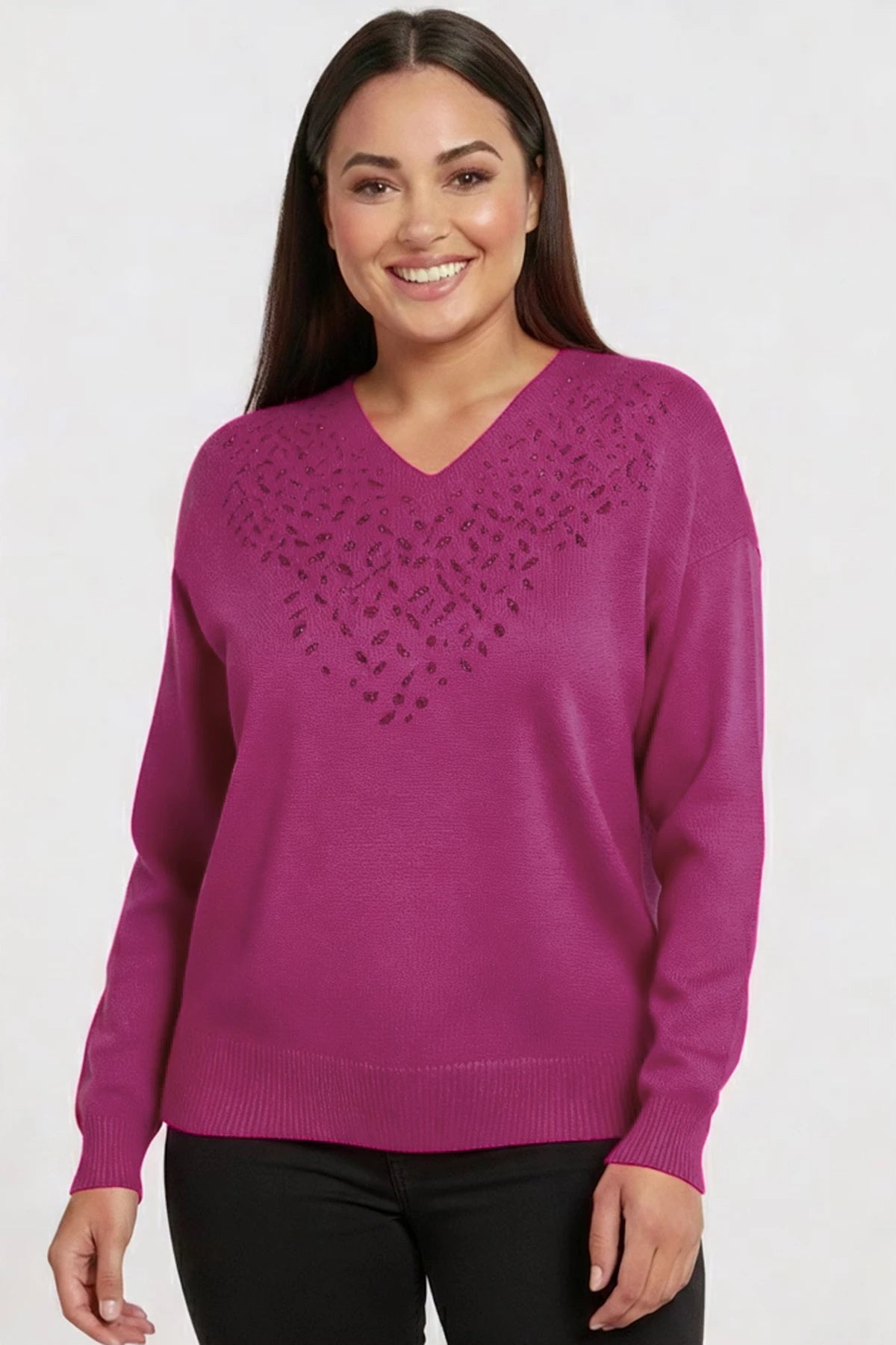 Image of Women's V-Neck Plus Size Knitted Blouse with Glitter Detail on the Front