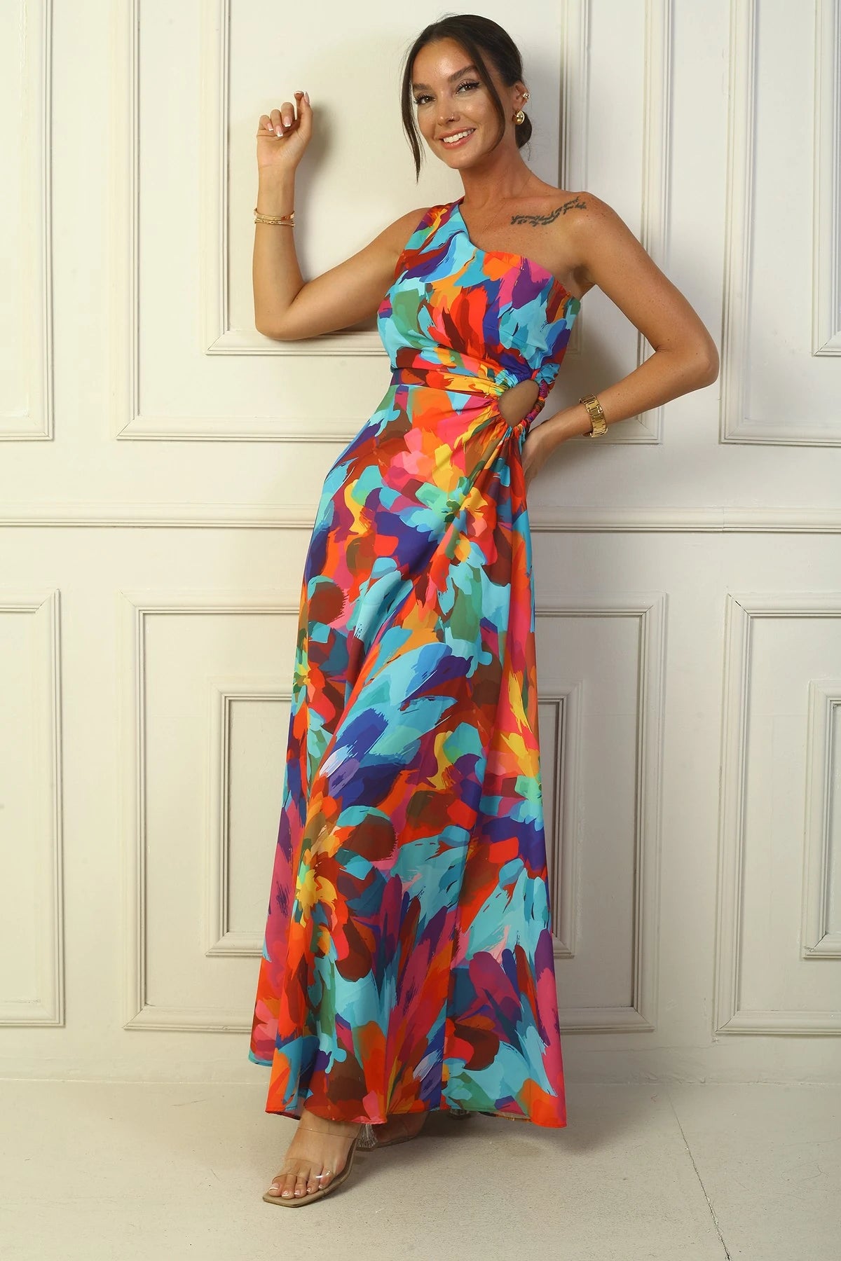 Image of Women's One-Shoulder Side Cutout Multicolored Long Crepe Satin Dress