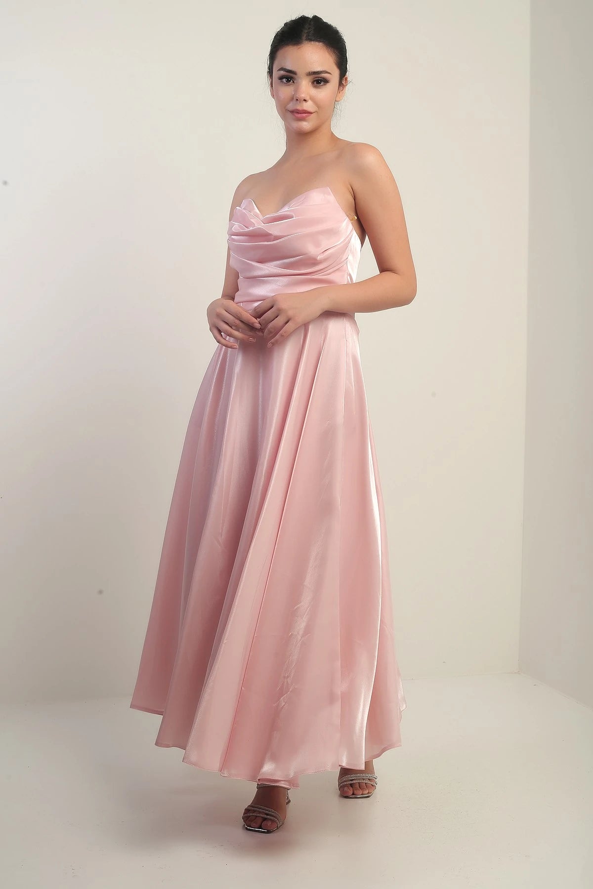 Image of Rochie midi din satin organza, fără bretele, cu decolteu în V pentru femei