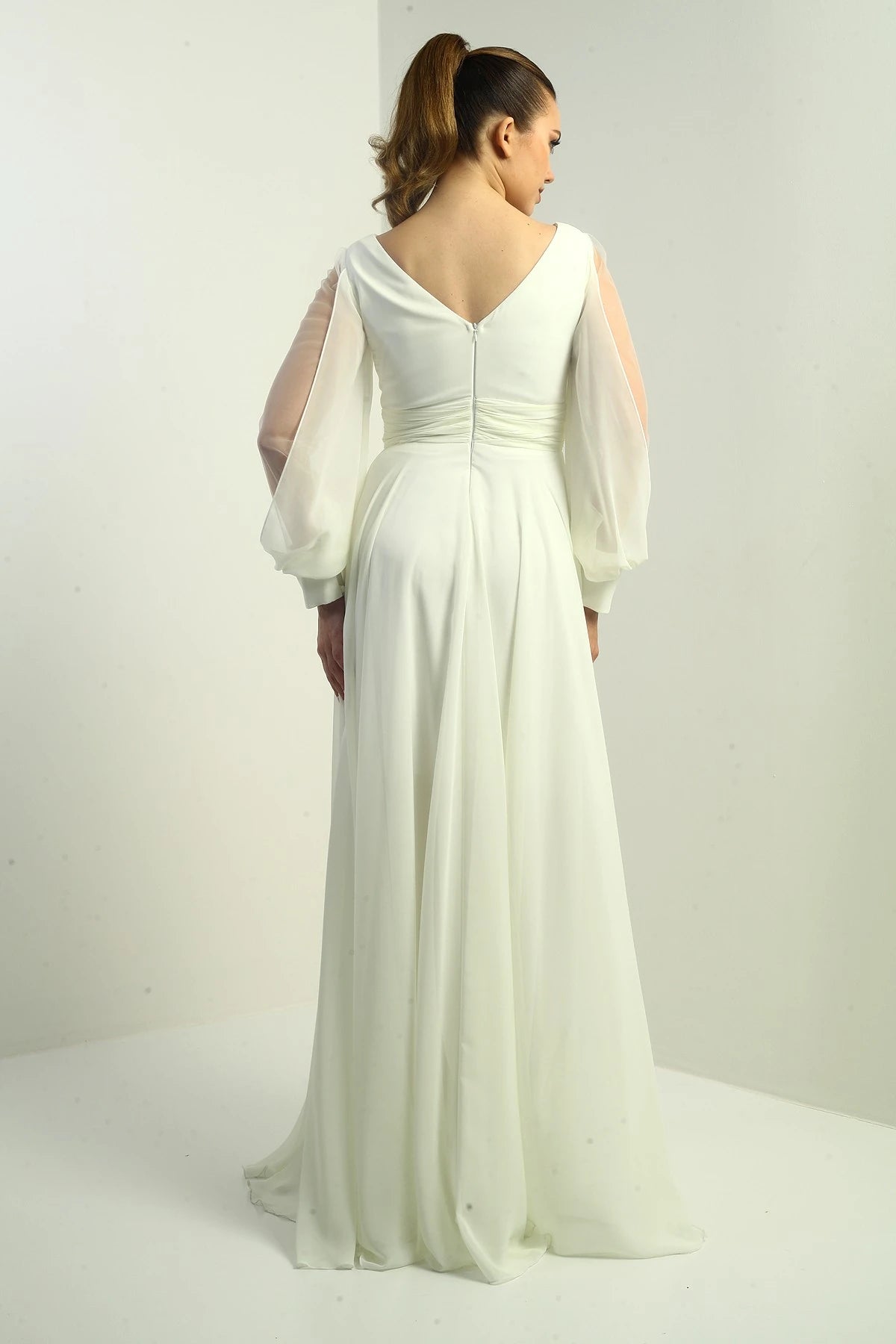 Image of Front and back V-neck, draped front, tulle sleeves, lined, wide-length chiffon dress.
