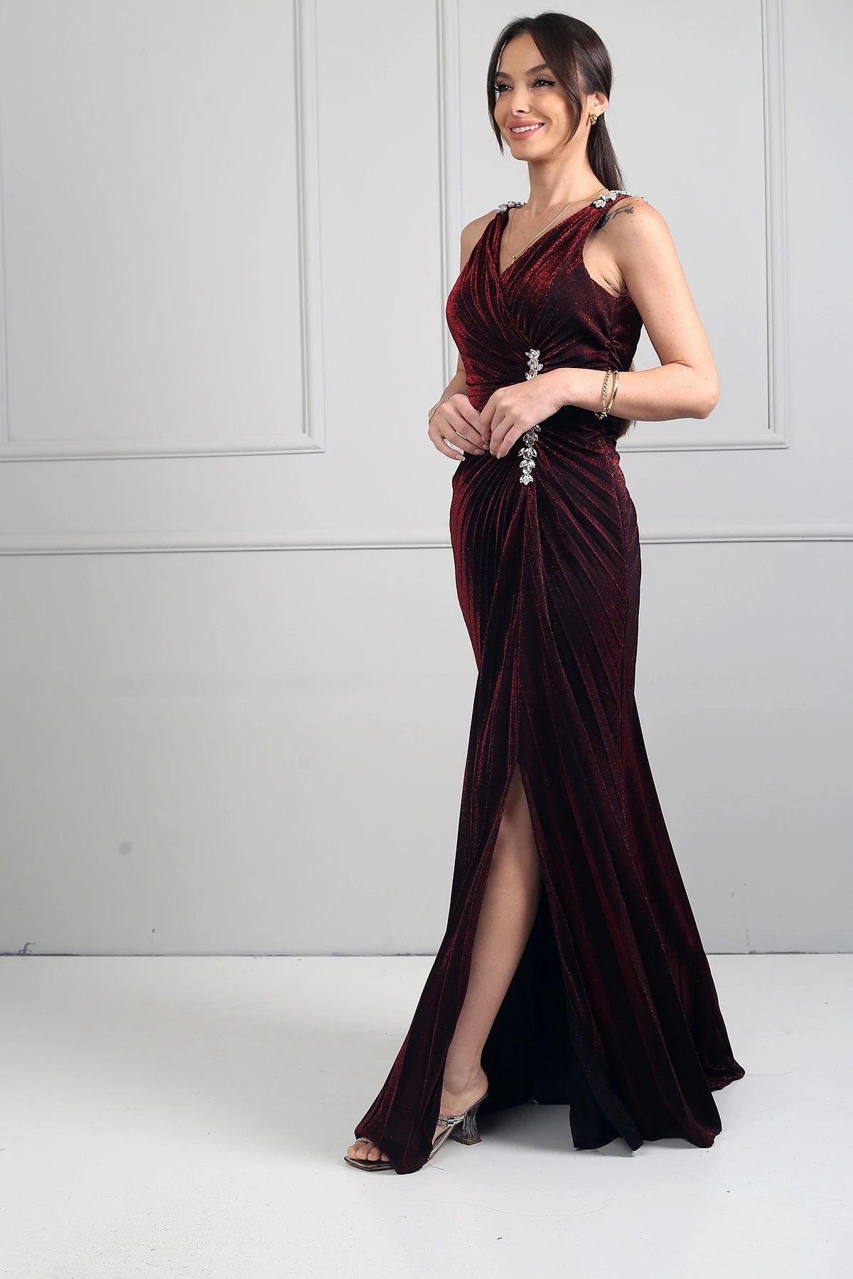 Image of Women's Wrap Neckline Long Evening Dress with Thick Shoulder Stone Detail, Stone Embellished Front, Gathered, and Slit
