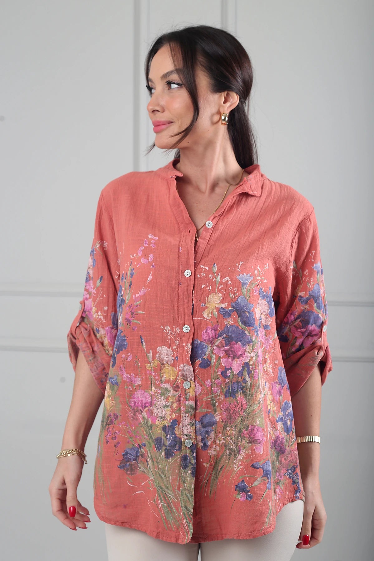 Image of Kadın Çiçek Desenli İtalyan Cotton Oversize Gömlek