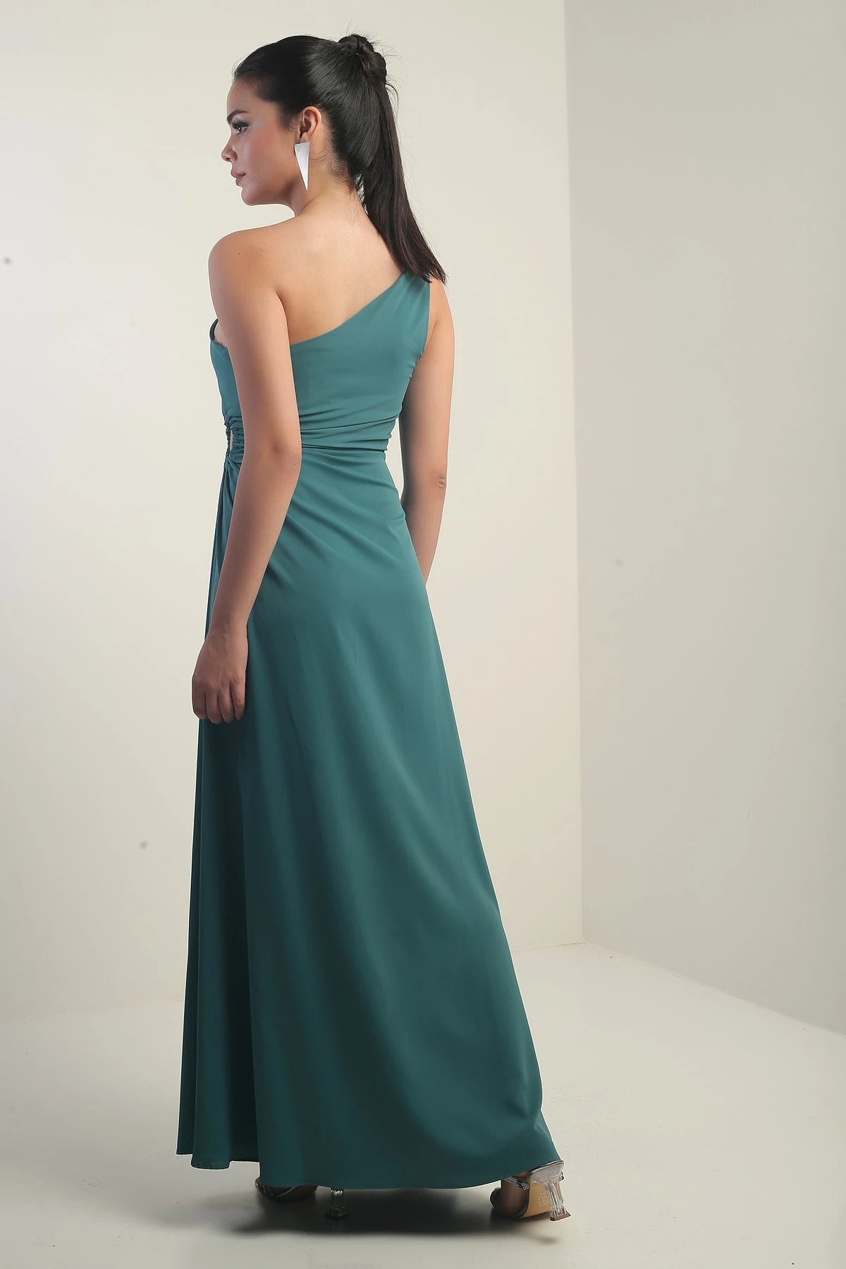 Image of Women's One-Shoulder Long Crepe Satin Dress with Side Window Detail