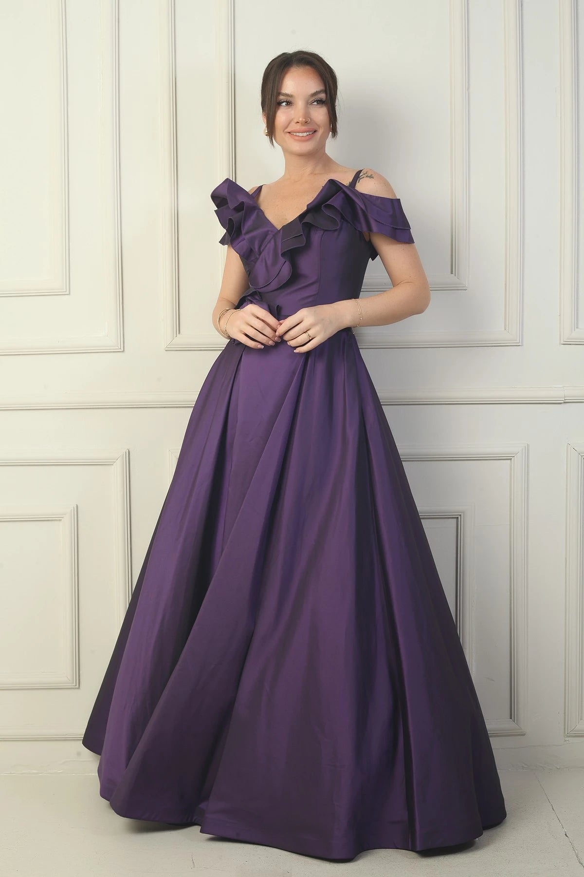 Image of Women's Strappy Boat Neck Long Taffeta Evening Dress with Rose Detail, Lined, and Pockets