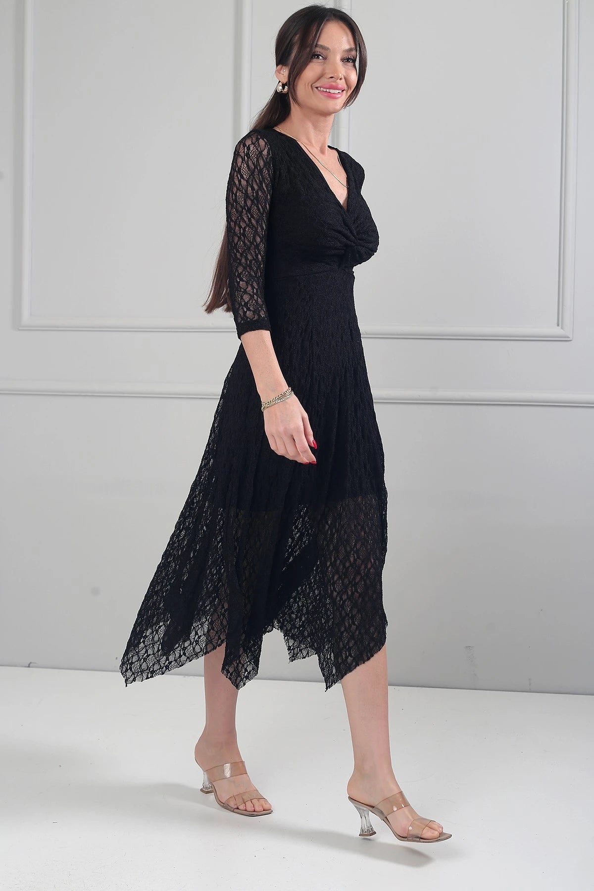 Image of Women's Asymmetrical Lace Midi Dress with Front Knot Detail and Lined Skirt