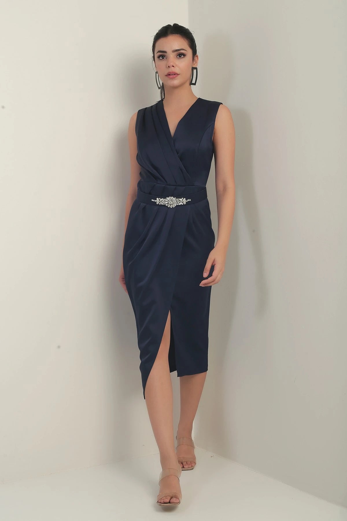 Image of Women's Wrap Neckline Front Pleated Belted Crepe Satin Dress