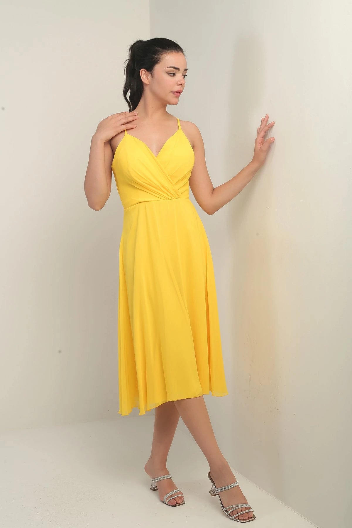 Image of Women's Strappy Wrap Neckline Lined Lace-Up Back Flared Chiffon Dress