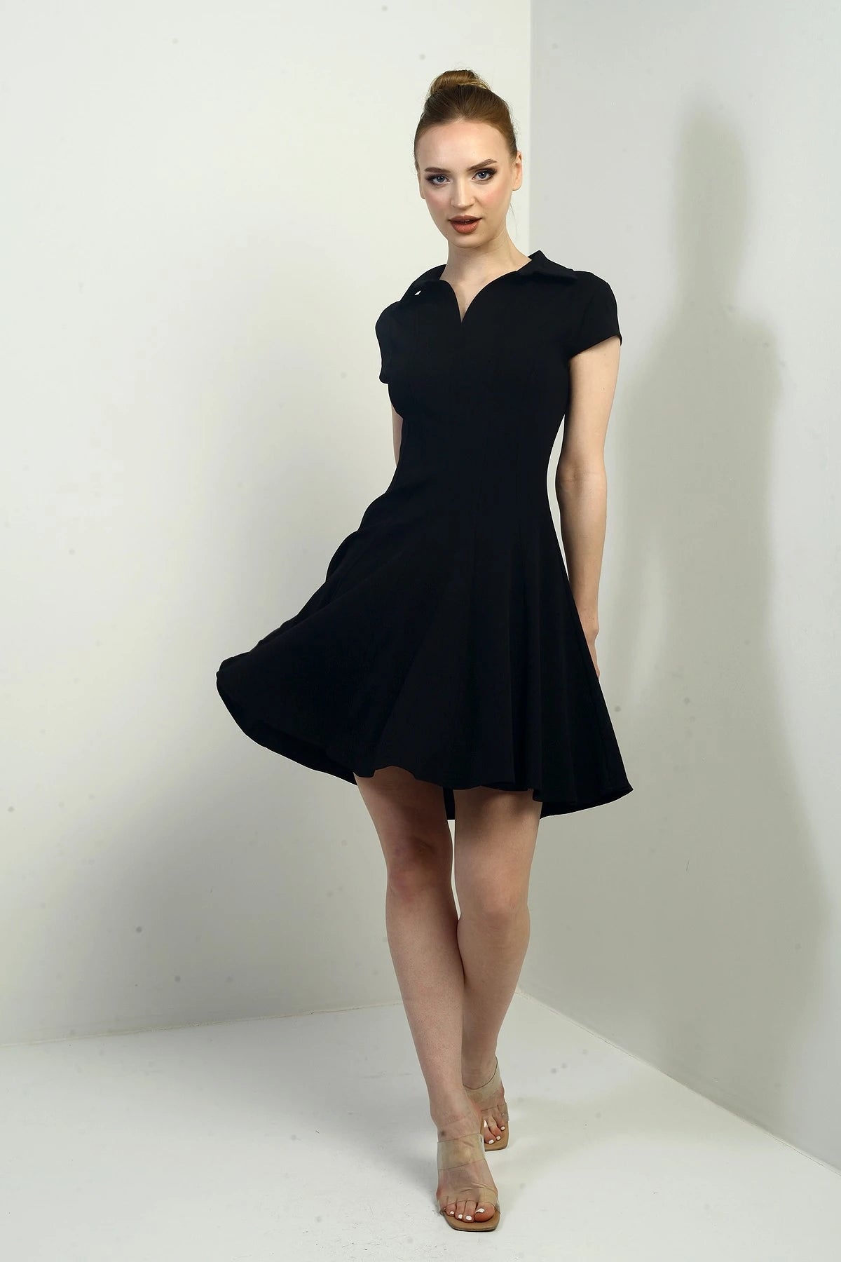 Image of Women's Polo Collar Long Sleeve Lycra Flared Short Dress