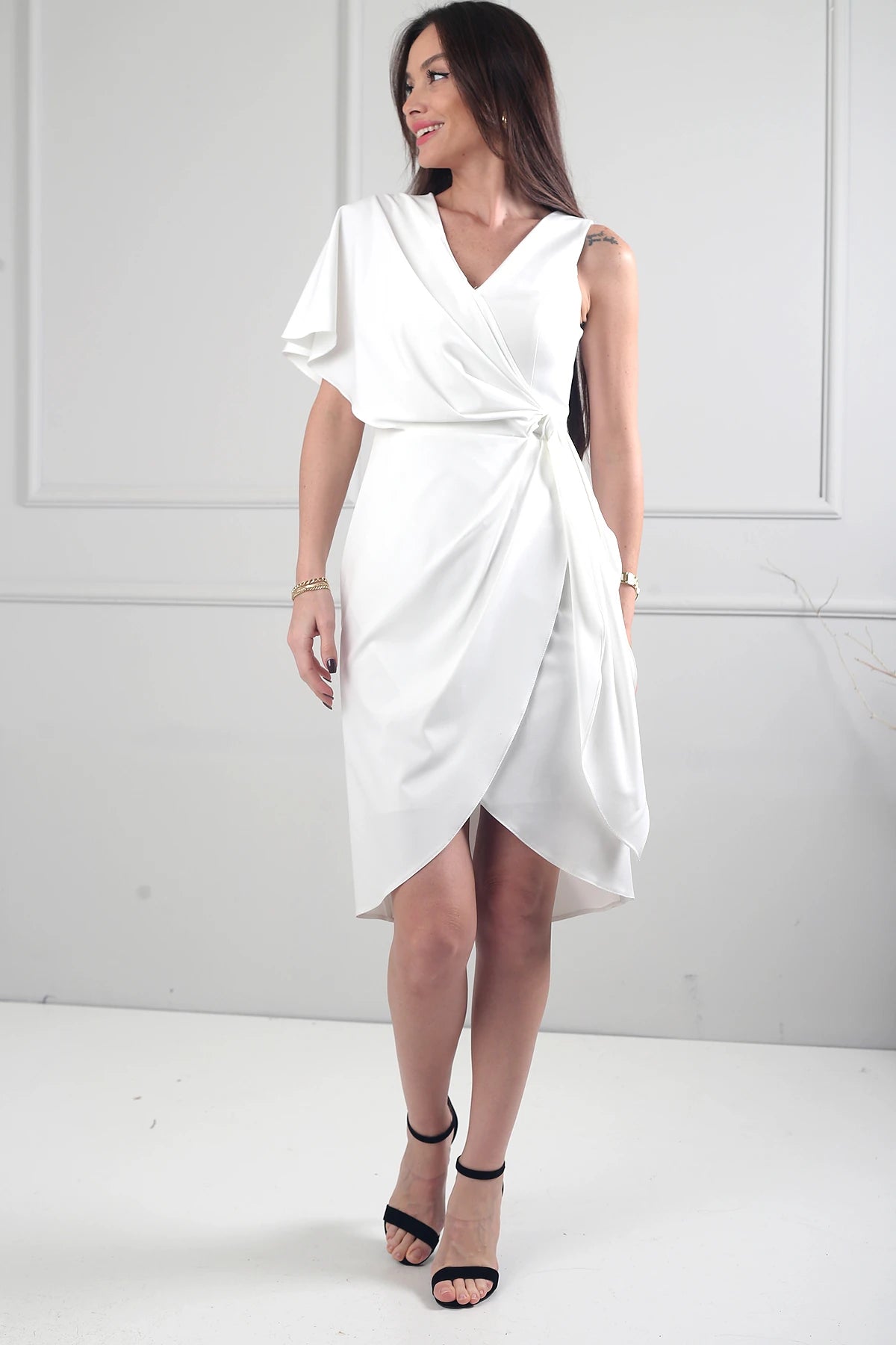 Image of Women's One-Shoulder Kimona Short Satin Dress with Side Gathering and Lining