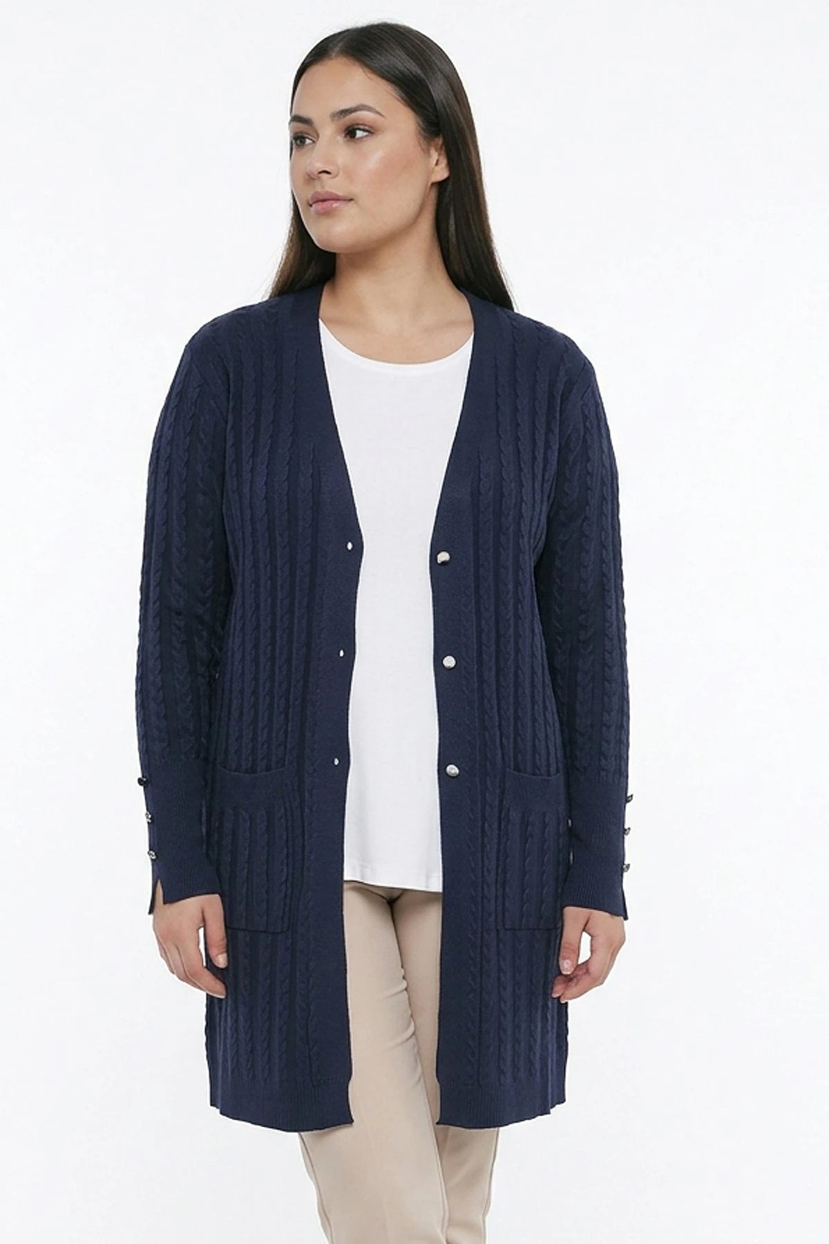 Image of Women's Cable Knit Mercerized Lycra Plus Size Cardigan