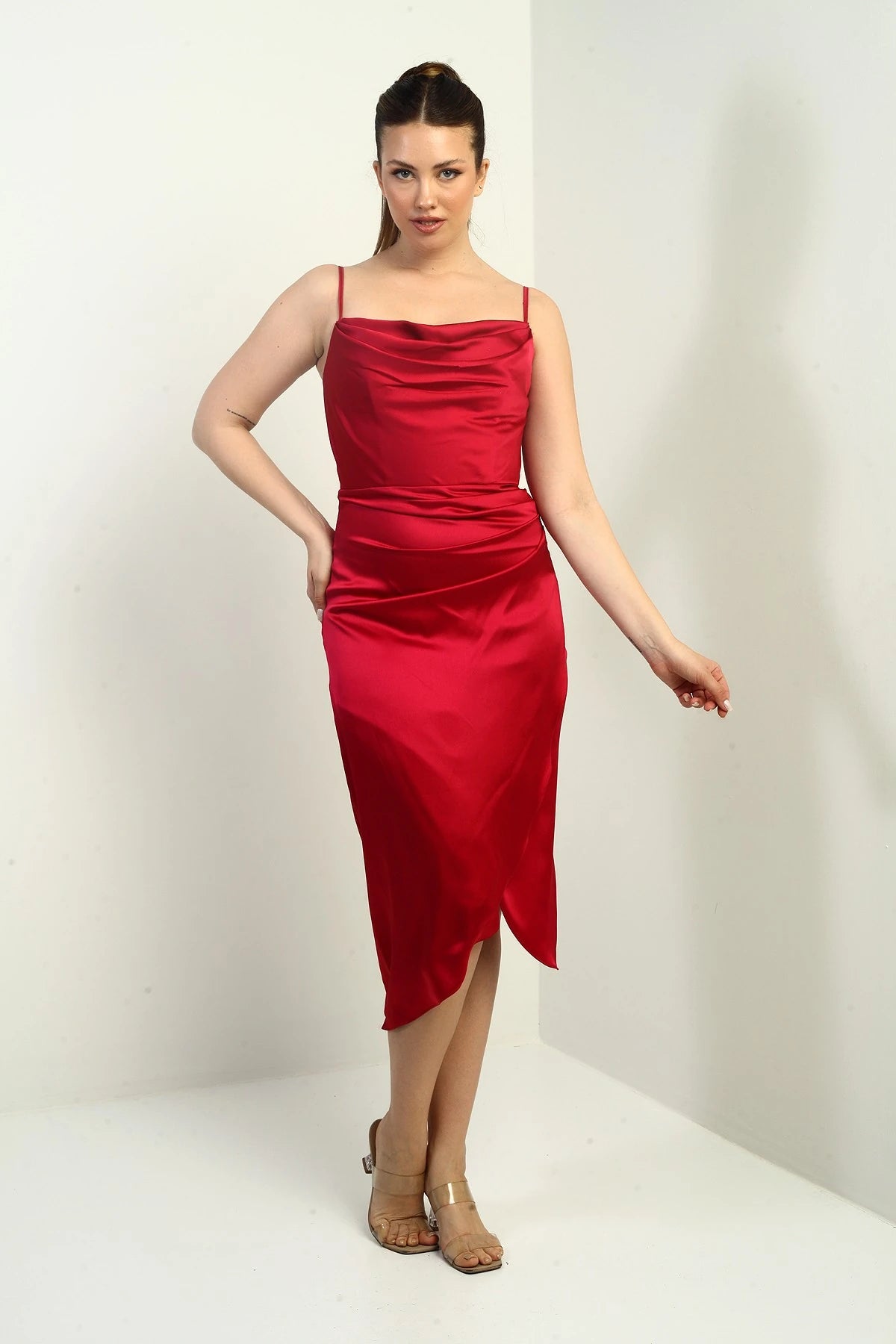 Image of Women's Strappy Draped Lined Asymmetrical Midi Dress