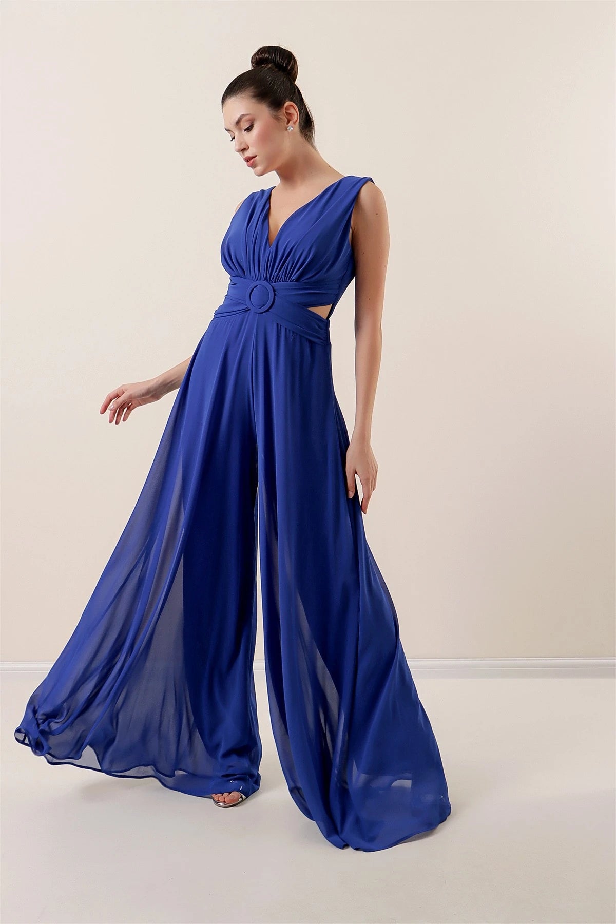 Image of Waist-detailed, front and back V-neck, lined chiffon jumpsuit.